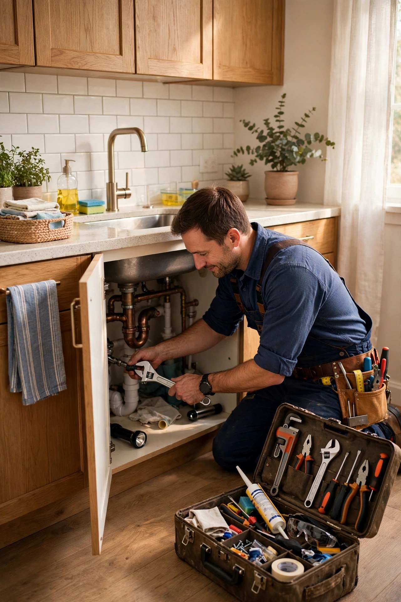Plumber fixing a kitchen sink, home repair service membership gift for mom