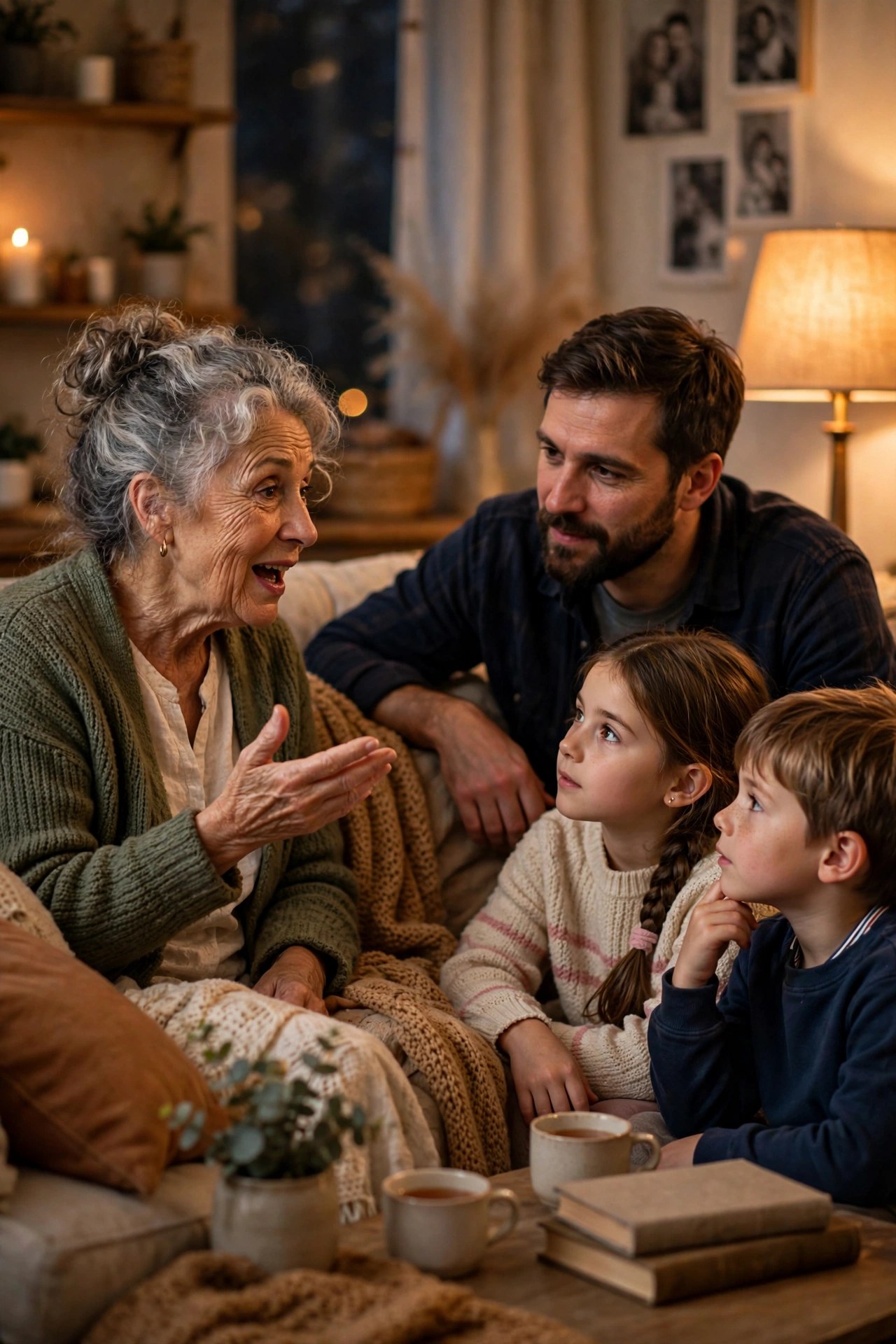 Grandmother telling stories while family listens, recorded memories gift idea