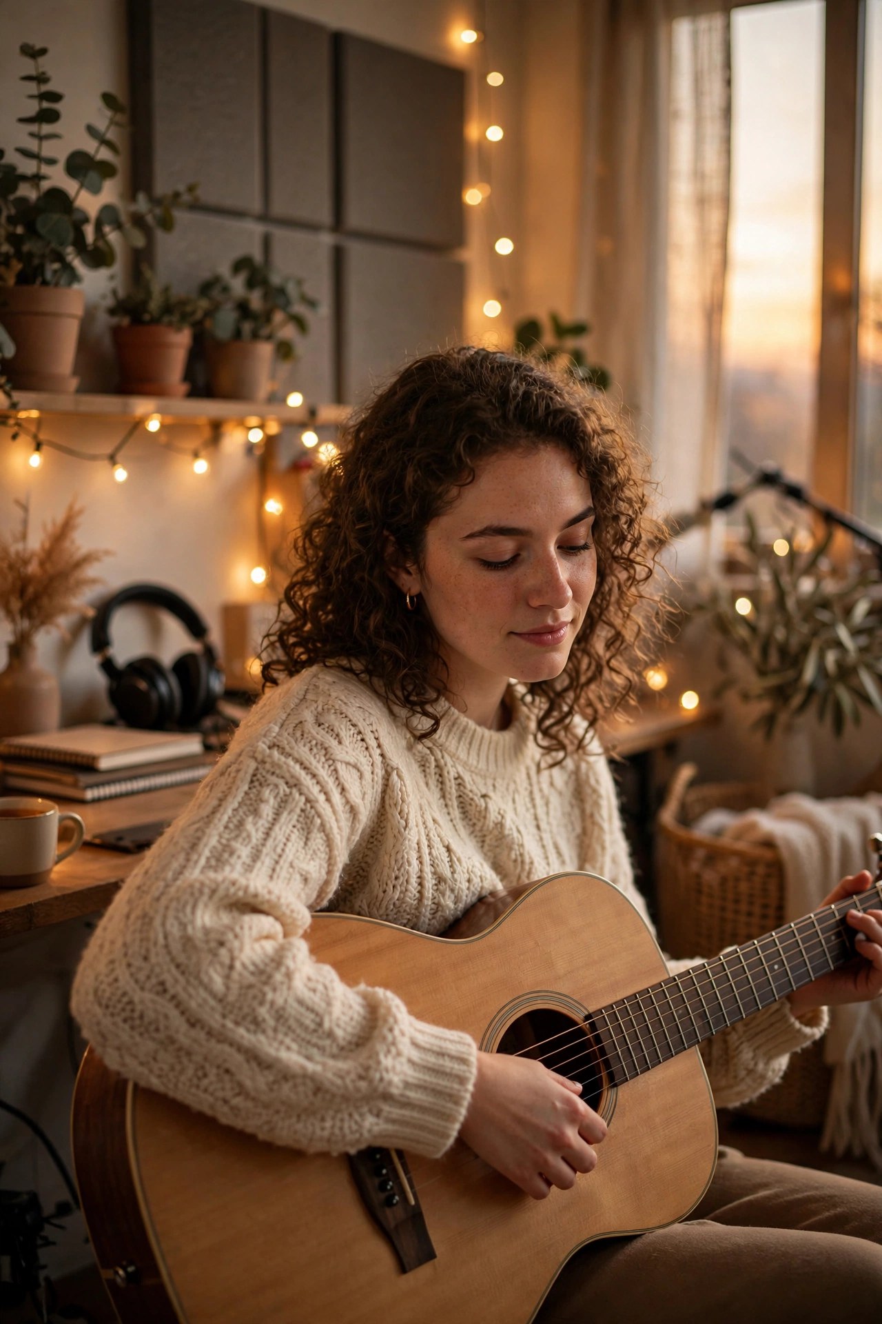 Musician with guitar in a home studio, custom family song gift for mom