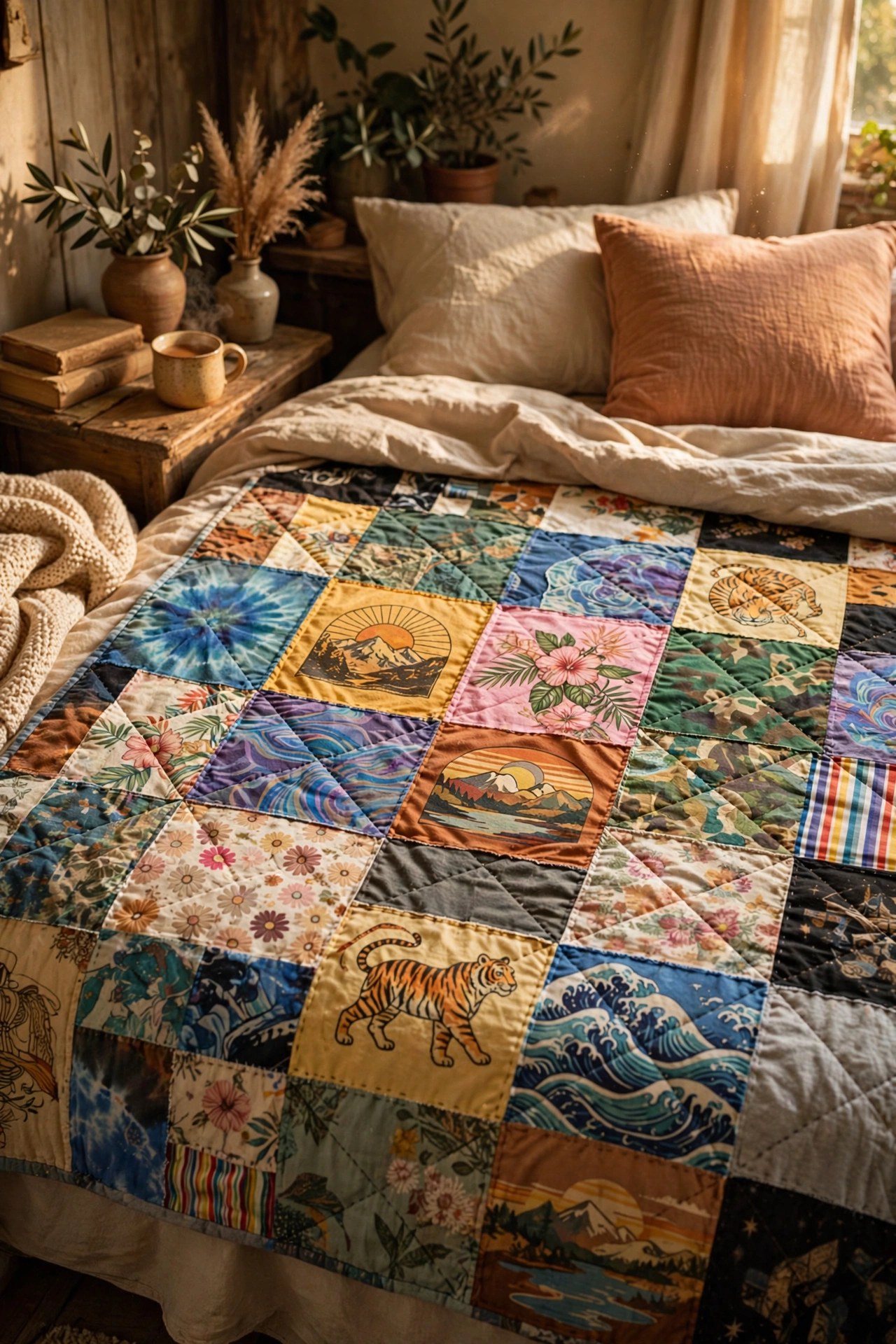 Colorful patchwork quilt made from family t-shirts on a bed, sentimental handmade gift