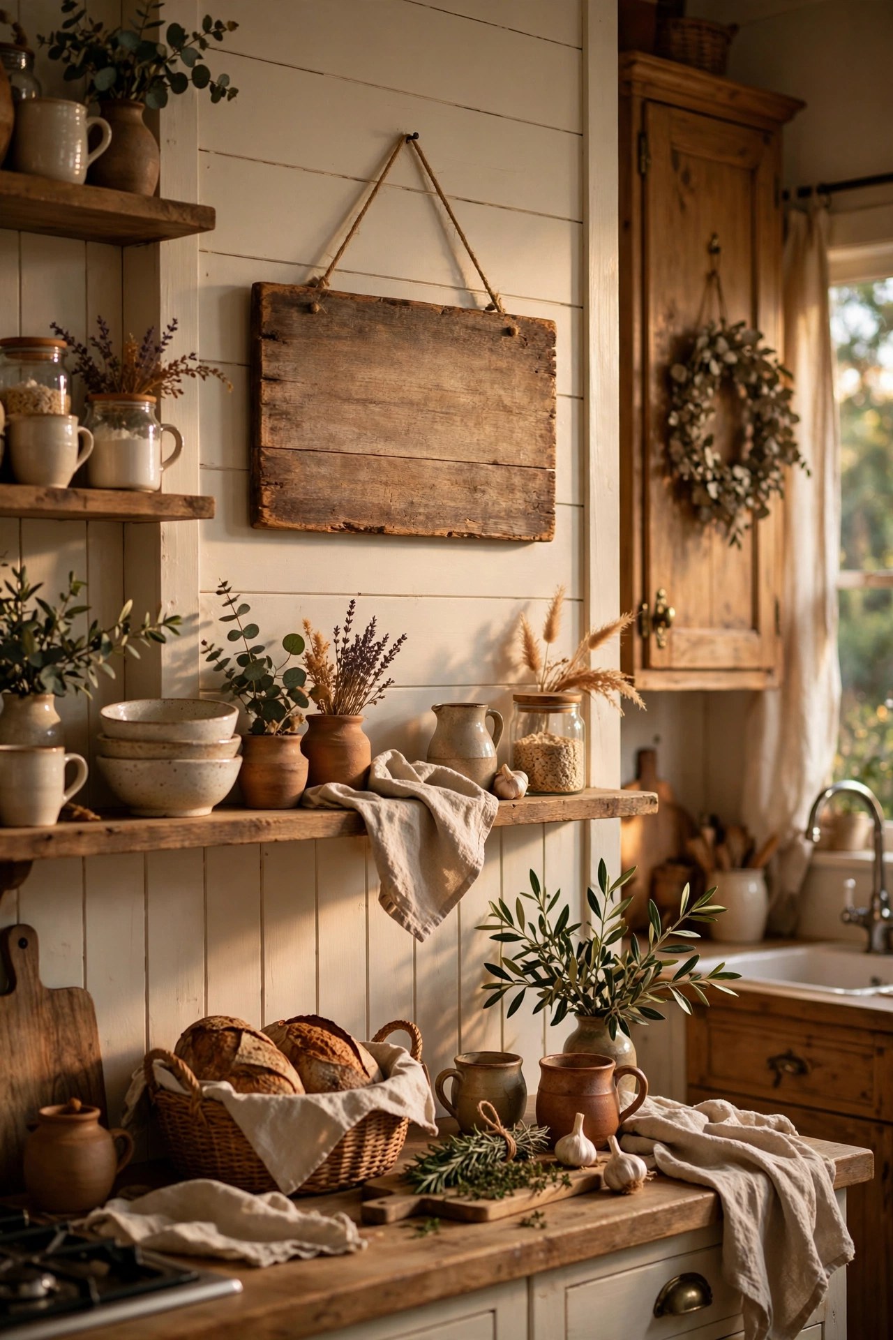 Rustic wooden sign with kitchen rules in a cozy farmhouse kitchen, fun sentimental gift