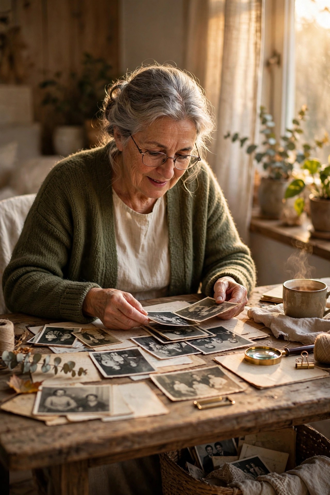 Woman exploring old family photographs and ancestry documents at a desk