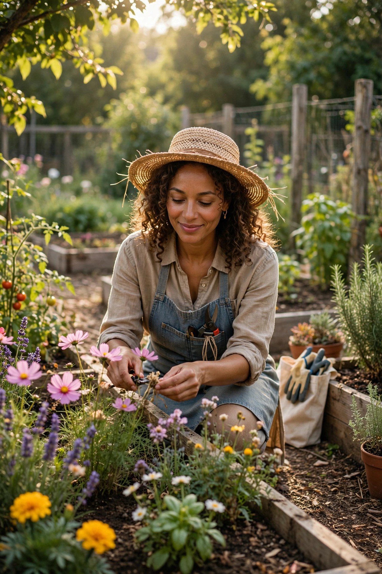Woman tending blooming flowers in a community garden, garden club membership gift