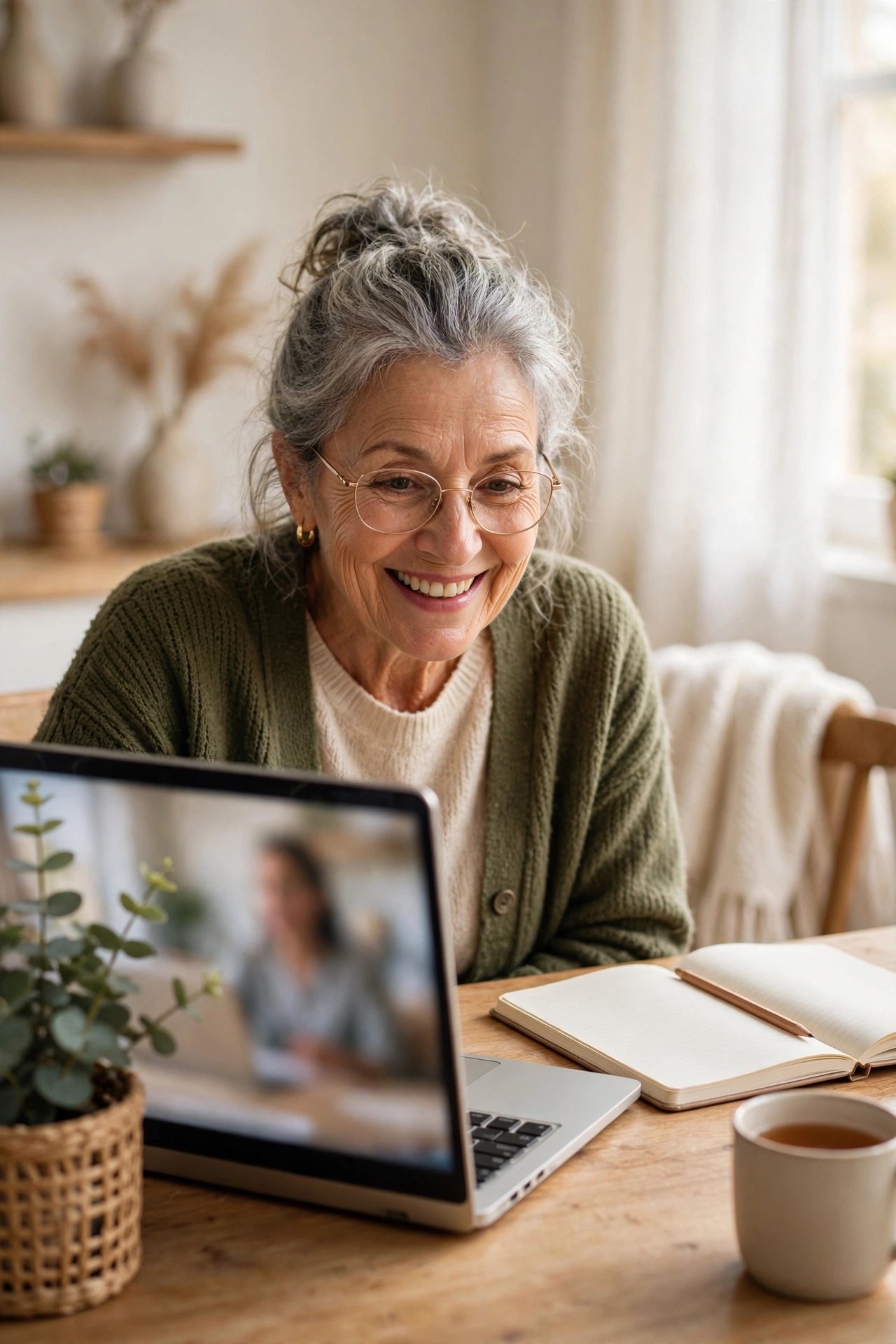 Woman watching an online course on a laptop with notebook, learning gift for mom
