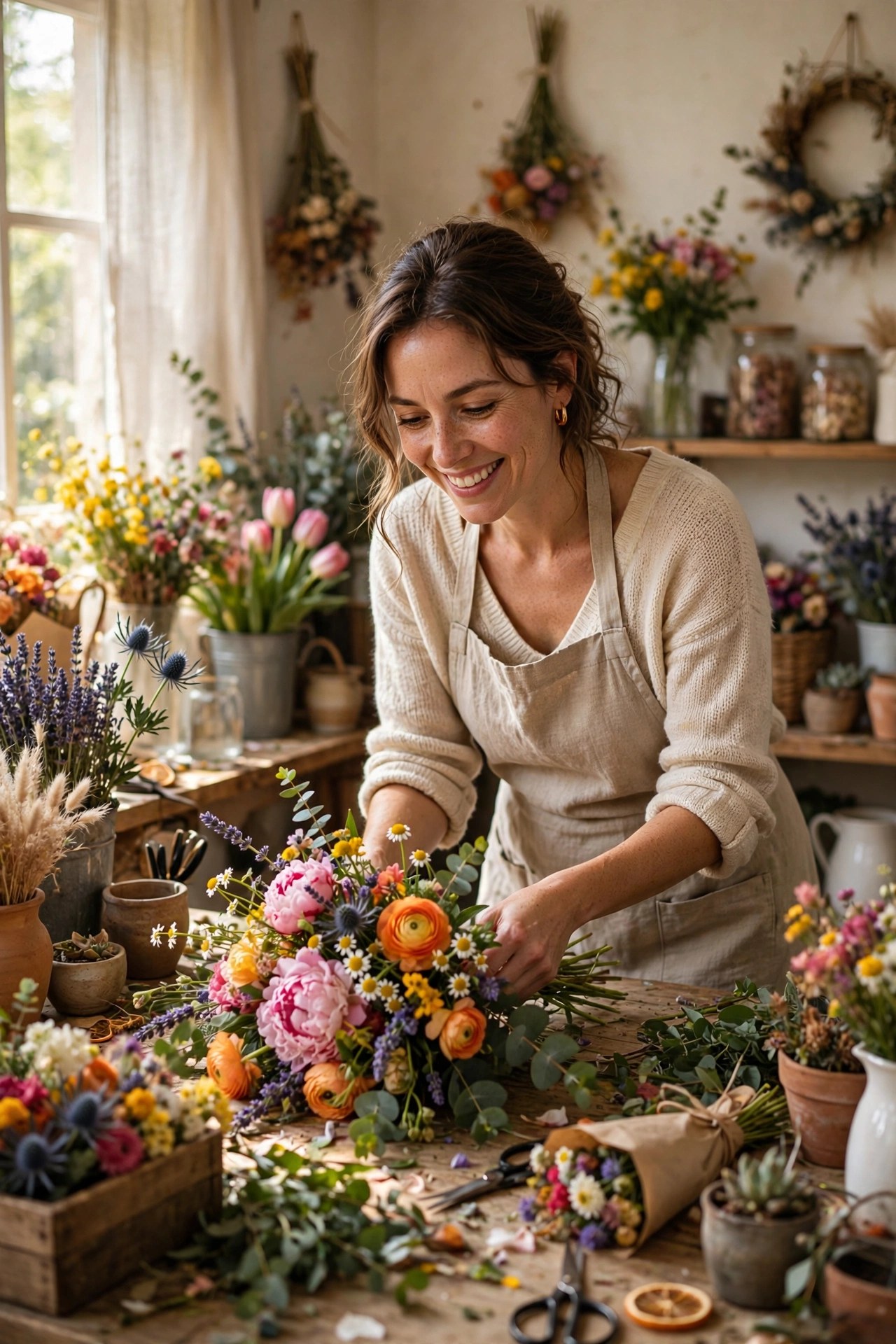 Woman arranging flowers in a bright florist workshop, creative gift for mom