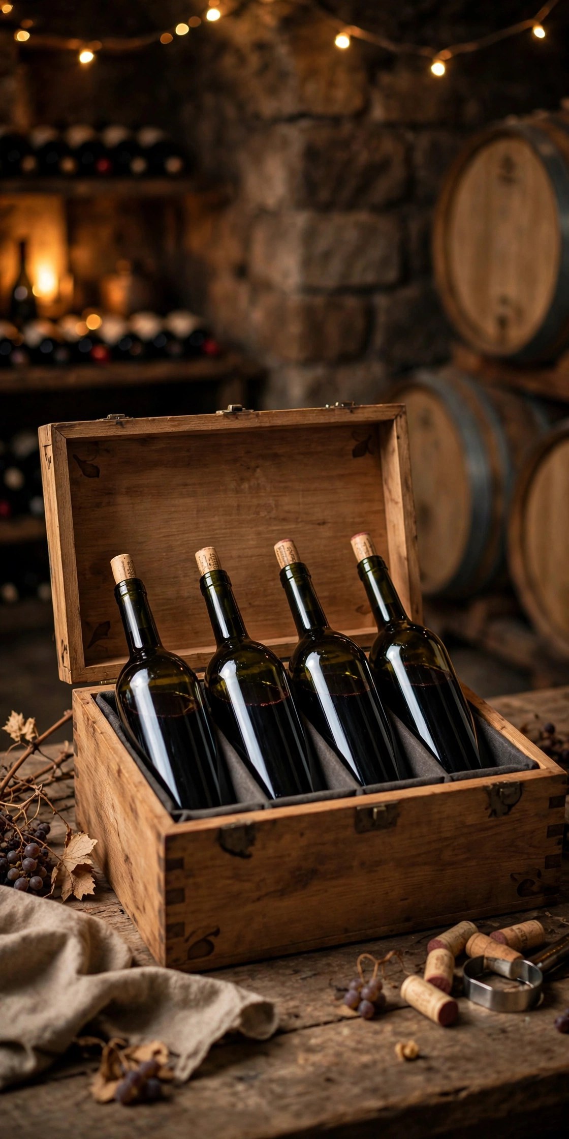 Wine club selection with red wine bottles in a wooden box, gift for mom