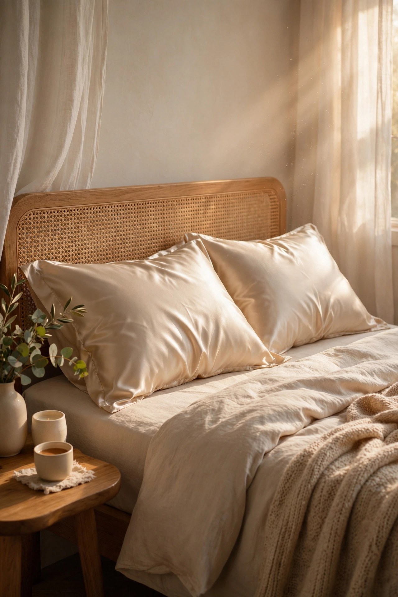 Luxurious silk pillowcases on a neatly made bed, indulgent gift for mom