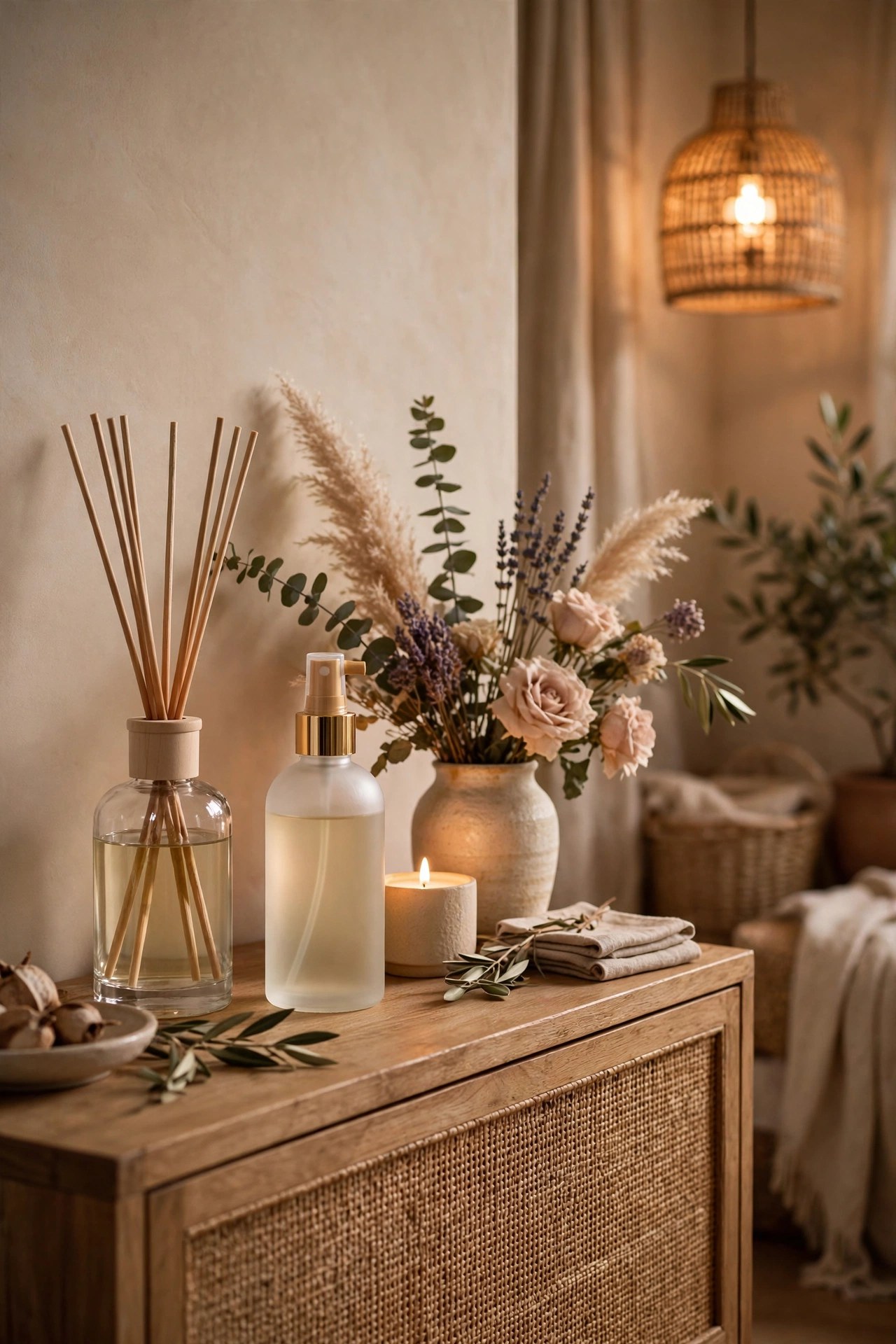 Elegant reed diffuser with room spray on a console table, home fragrance gift for mom