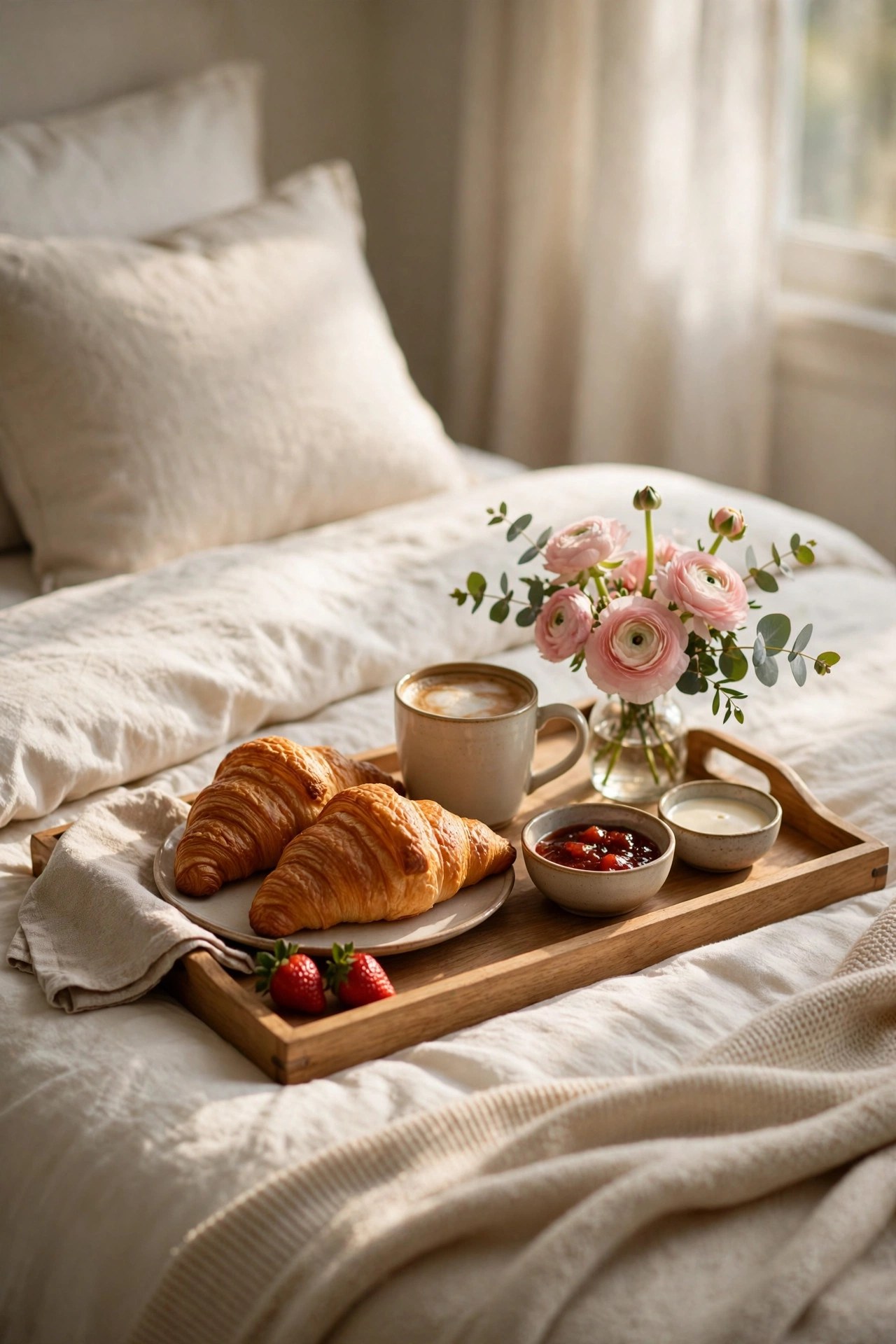 Elegant breakfast tray with croissants coffee and flowers, breakfast in bed gift kit