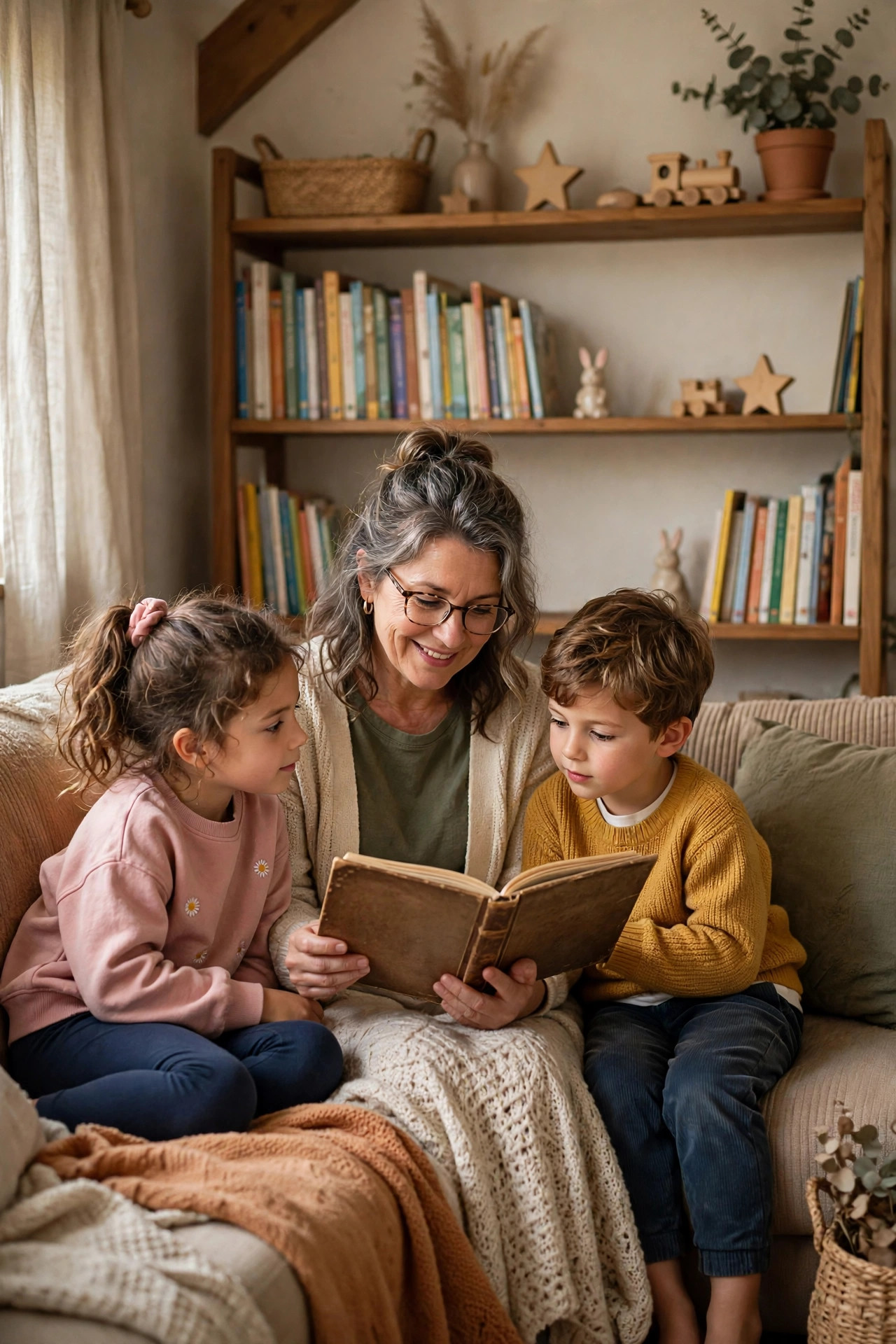 Grandmother reading a classic storybook to two grandchildren on a cozy couch
