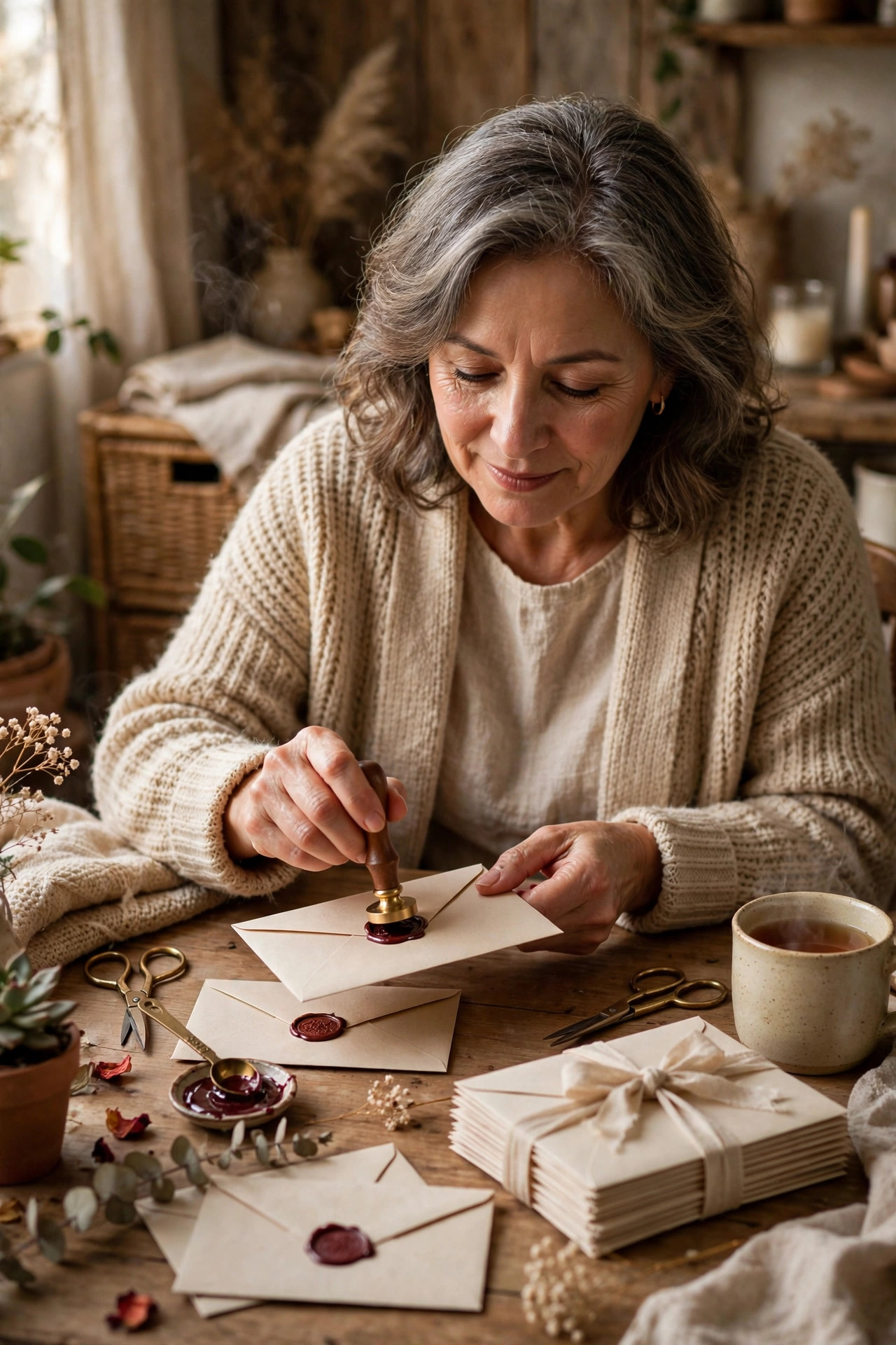 Grandmother sealing handwritten letters into envelopes at a wooden desk