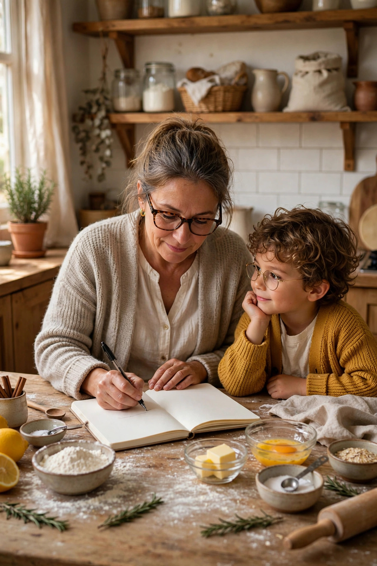 Grandmother handwriting recipes in a journal in a cozy kitchen with grandchild
