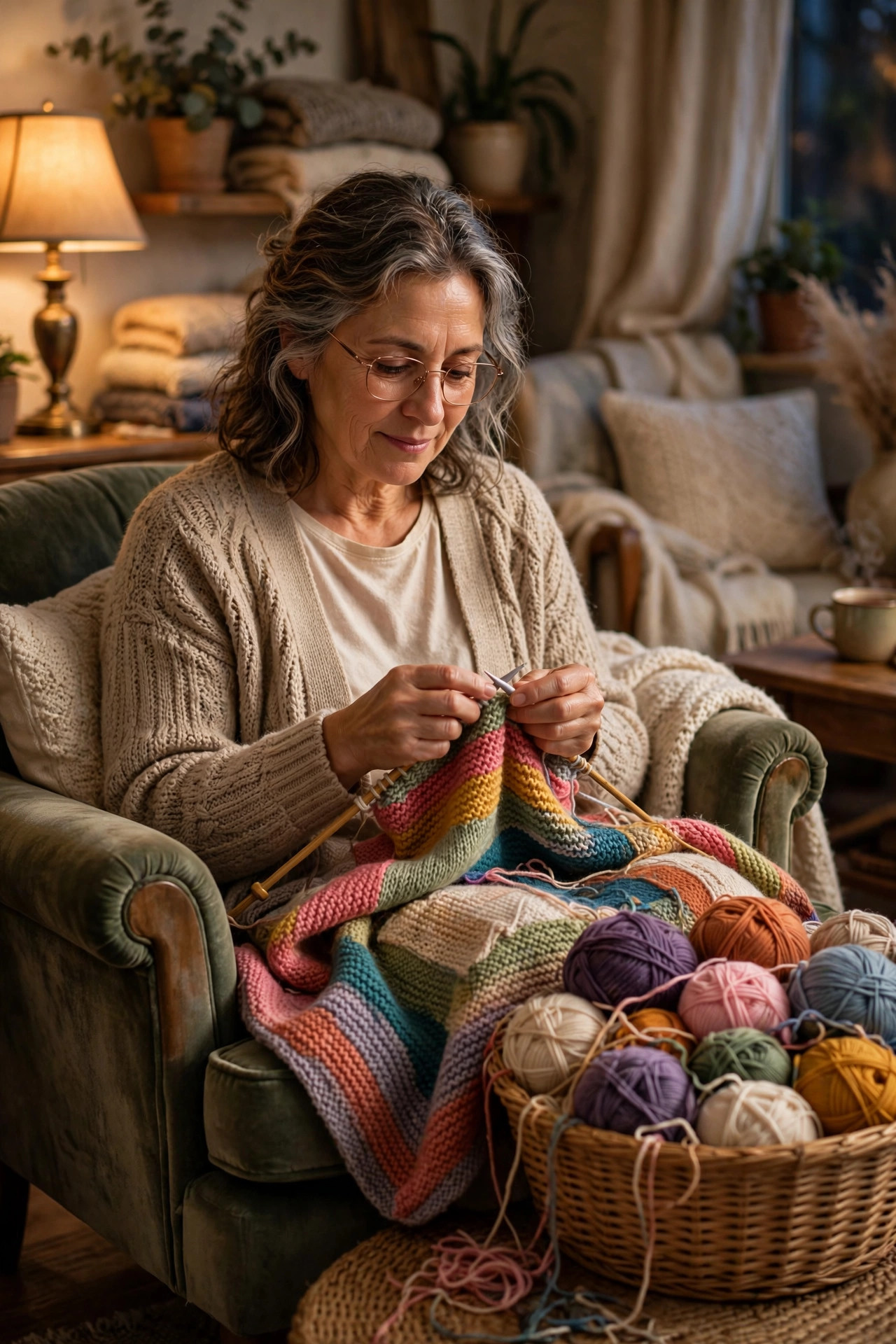 Grandmother knitting a colorful blanket in a cozy armchair with yarn basket