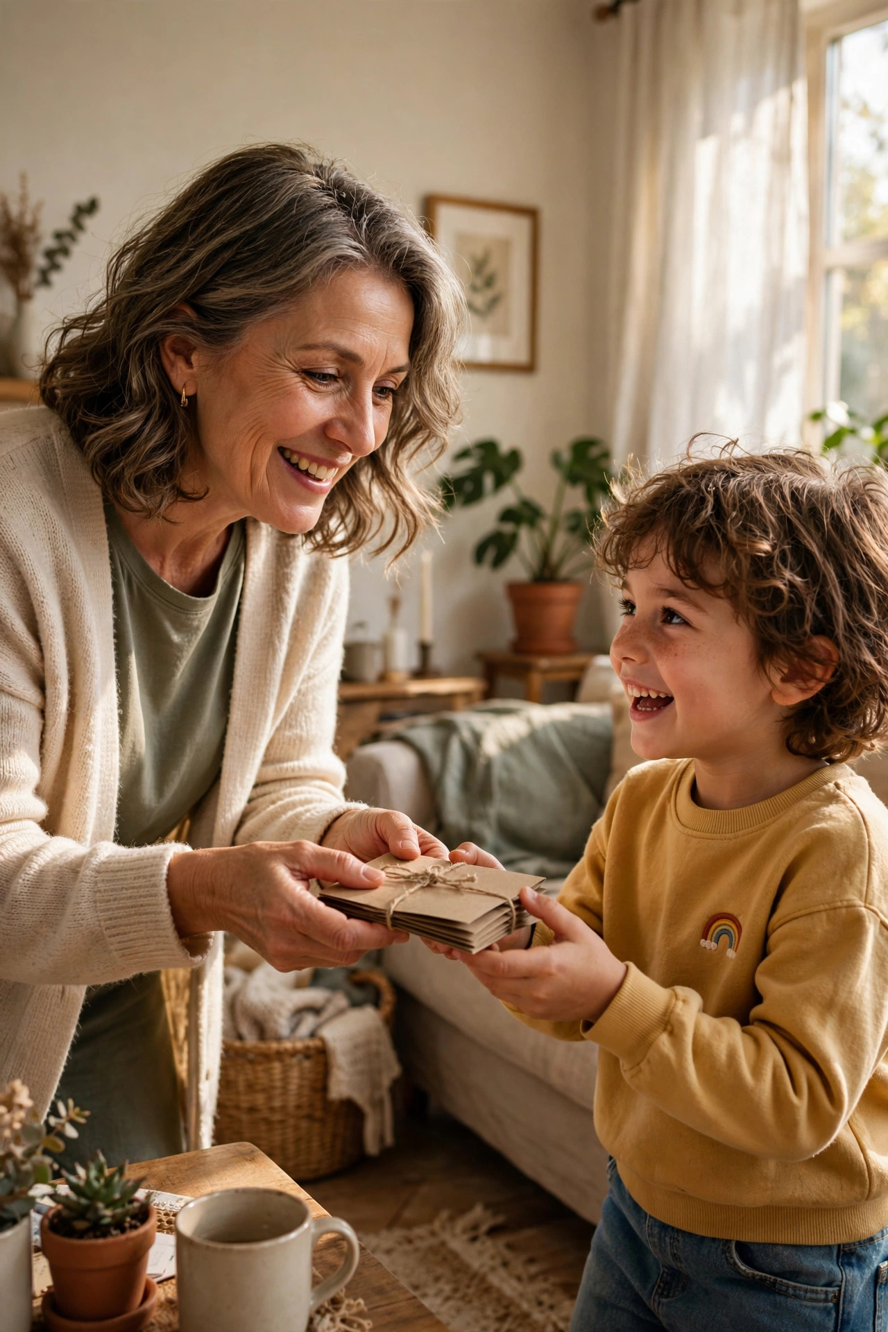 Grandmother handing a handmade coupon booklet to an excited grandchild