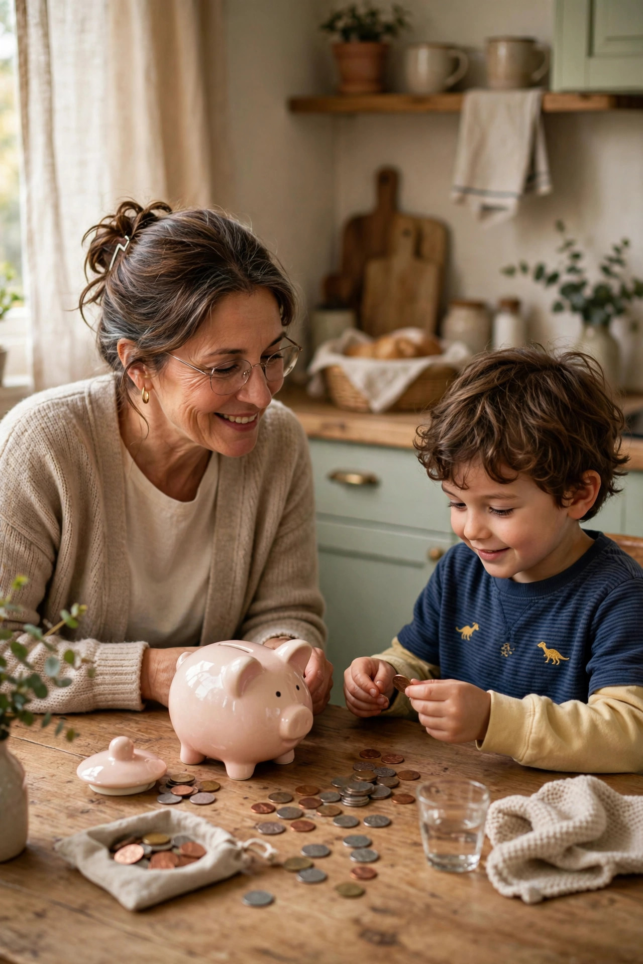 Grandmother teaching a young grandchild about coins and a piggy bank