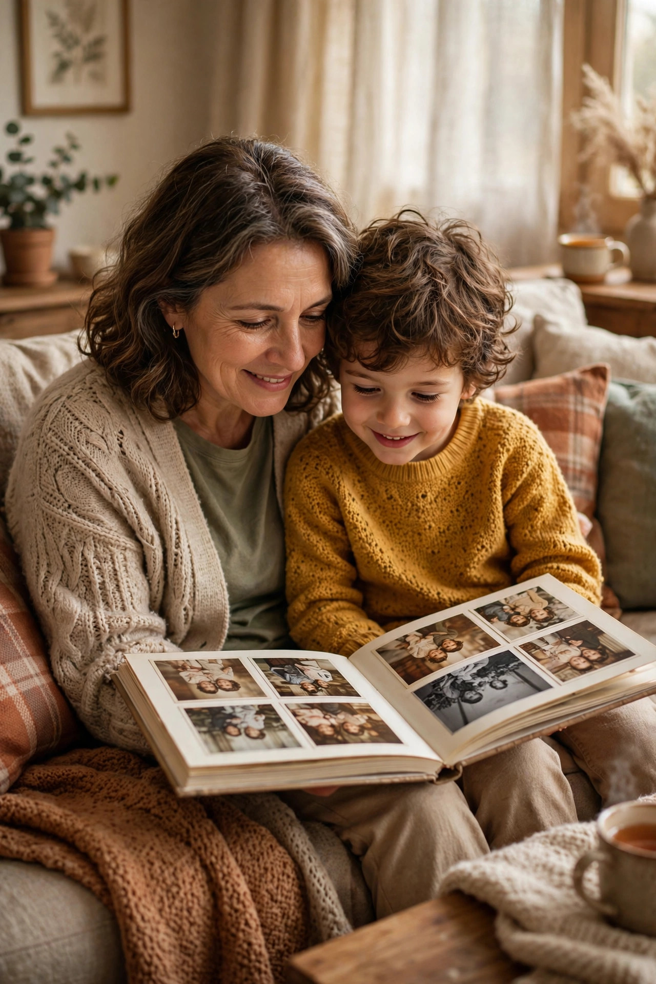 Grandmother and grandchild looking through a printed family photo album on a couch