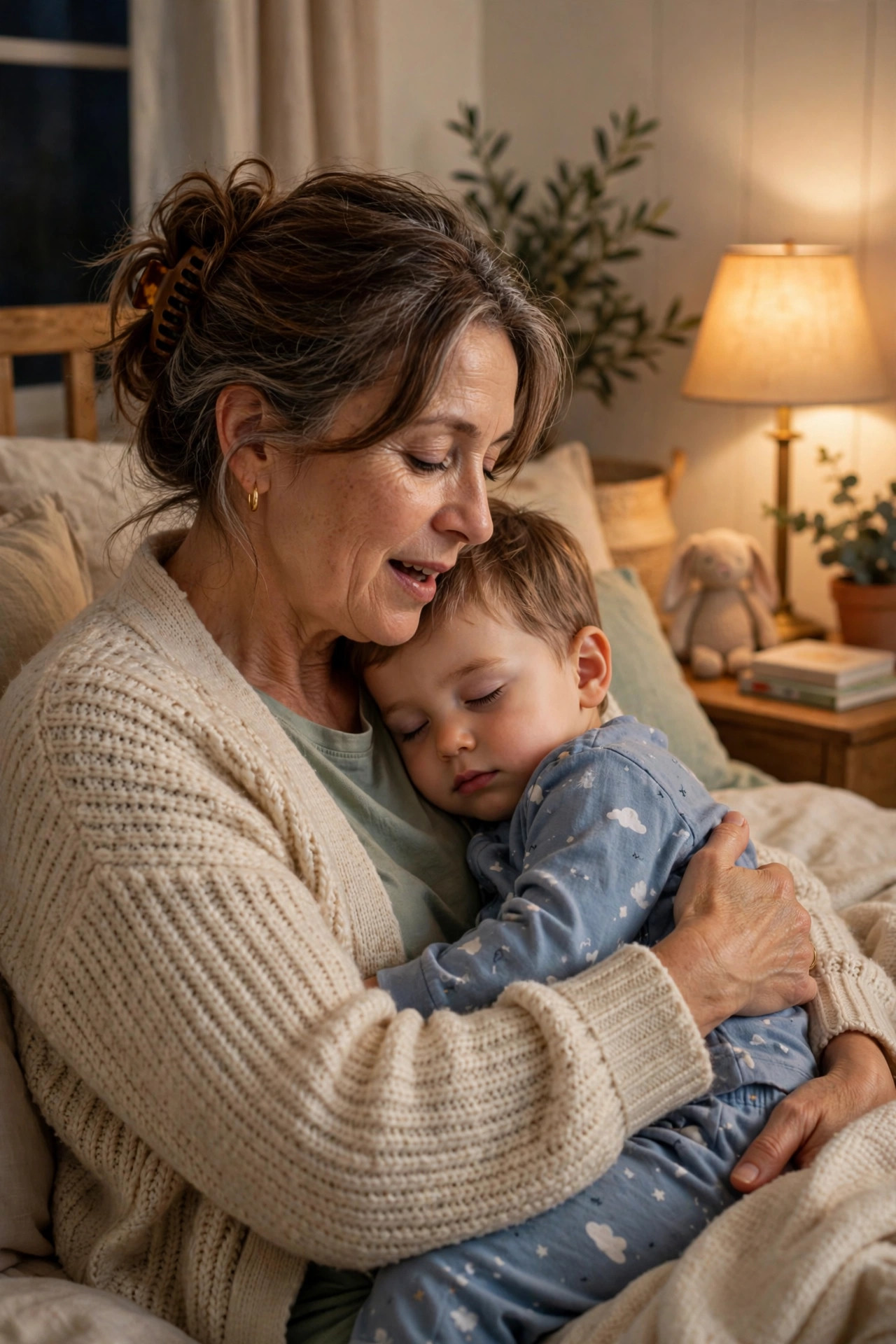 Grandmother singing softly while holding a sleepy toddler at bedtime