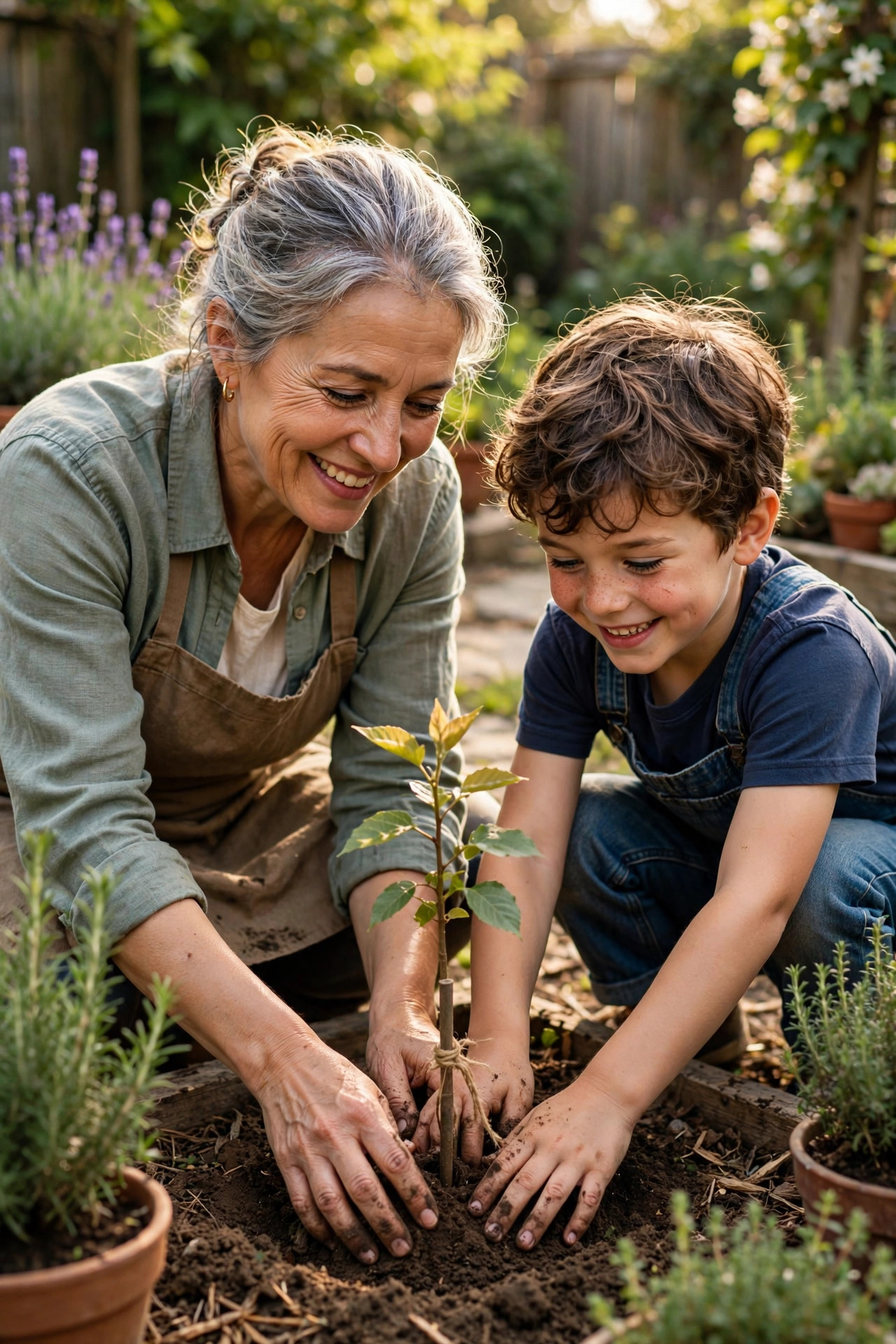 Grandmother planting a young tree with a happy grandchild in a sunny garden
