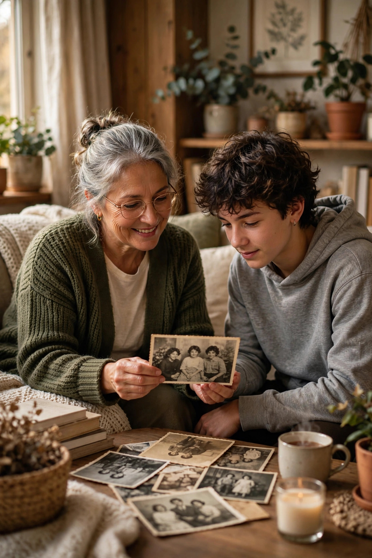 Grandmother showing old family photographs to a teenage grandchild