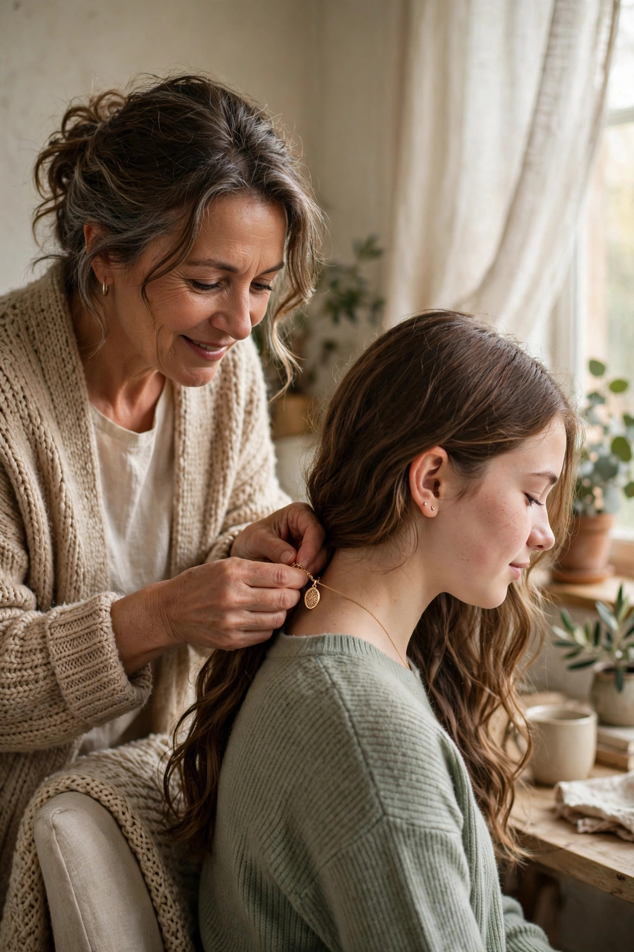 Grandmother fastening a delicate locket necklace on her teenage granddaughter