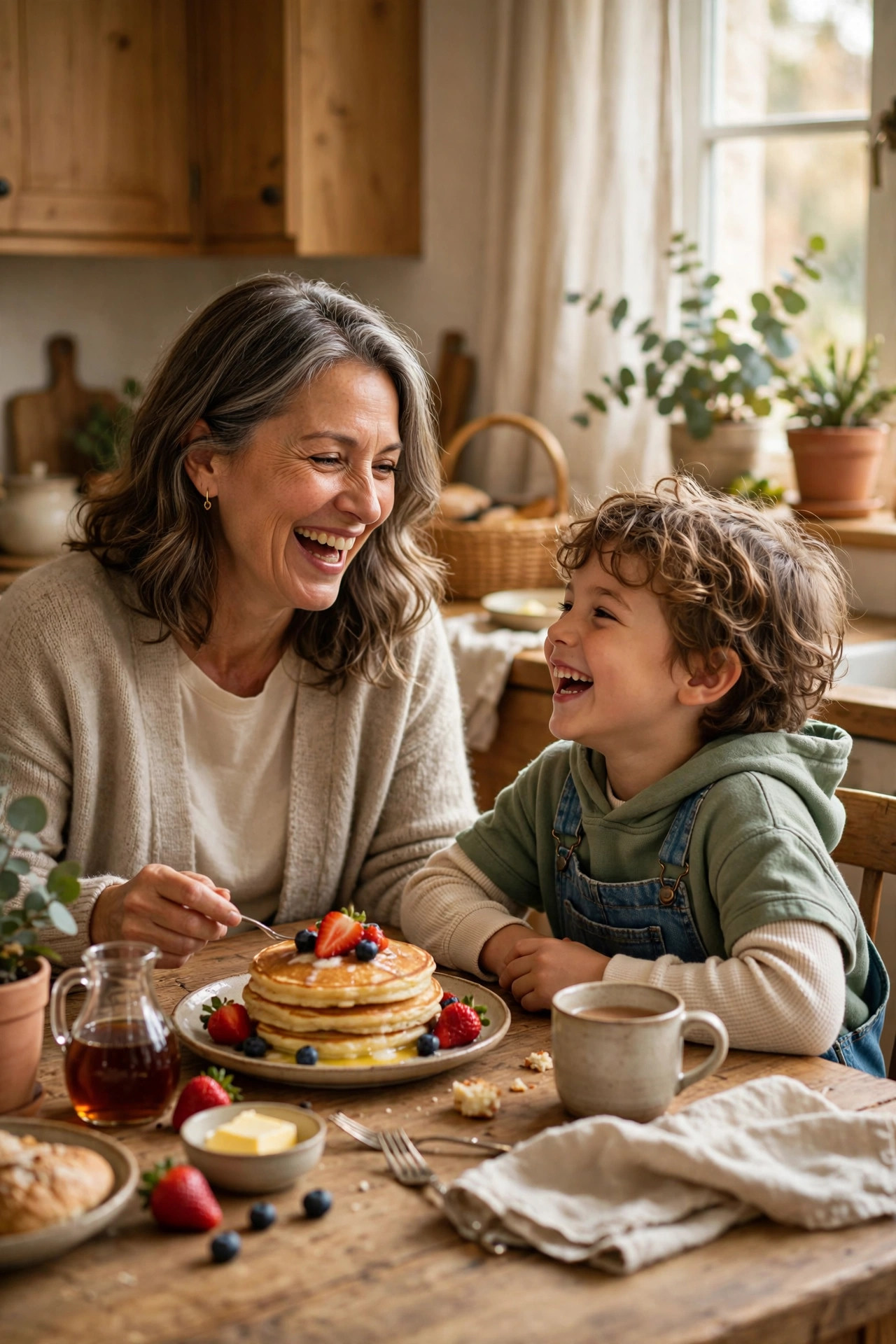 Grandmother sharing Saturday morning pancakes with her grandchild at the kitchen table