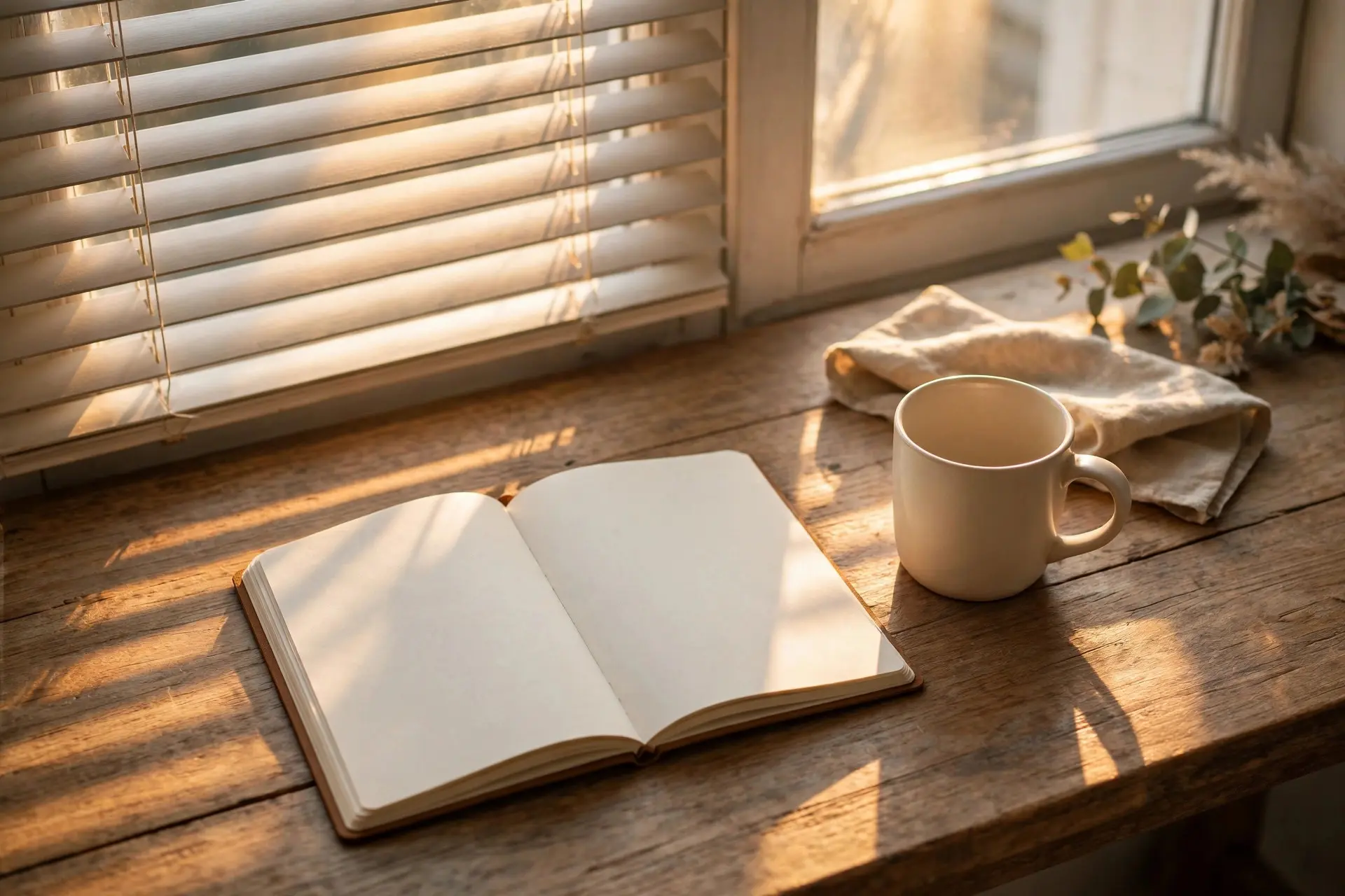 Golden morning light streaming through a window over an open blank journal and a mug on a wooden desk