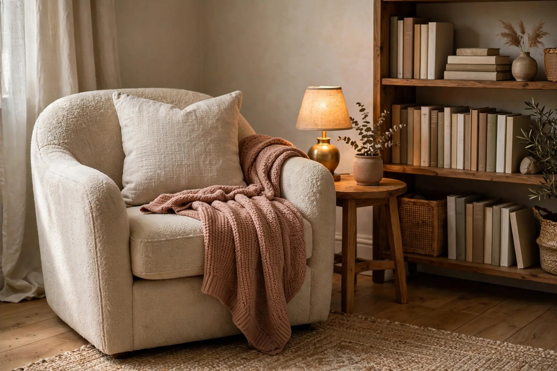 A cozy reading corner at home with an armchair, cushion, throw blanket and a small lamp