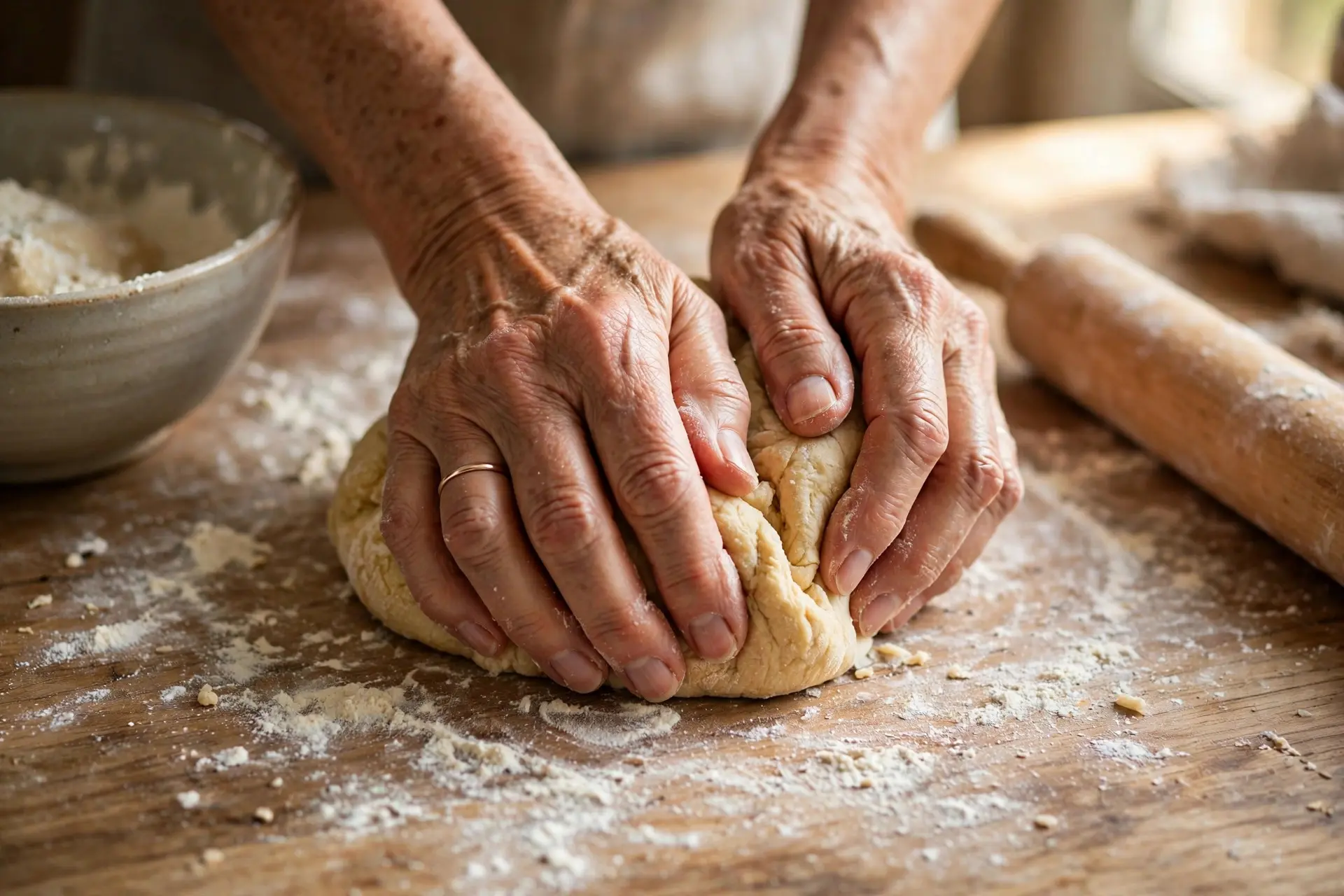 A woman's hands kneading dough confidently on a floured wooden kitchen counter