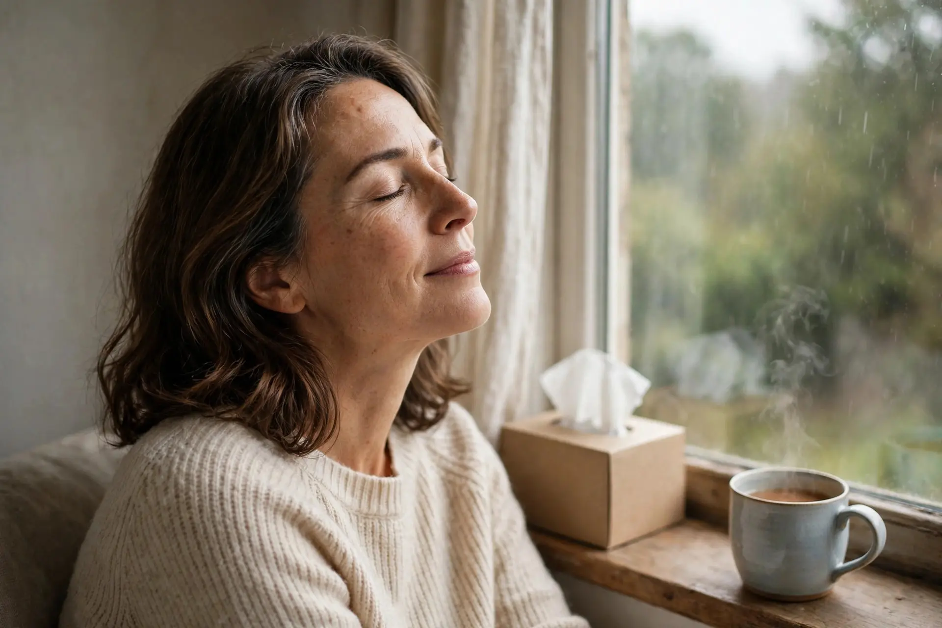 A woman sitting peacefully by a window after tears, soft light on her calm face