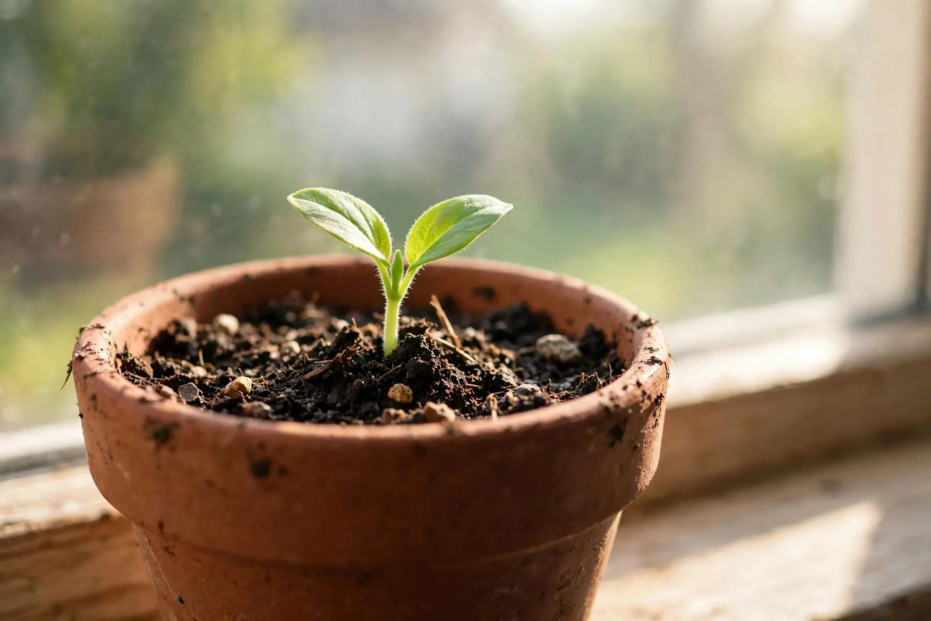 A small green seedling sprouting from soil in a terracotta pot on a sunny windowsill
