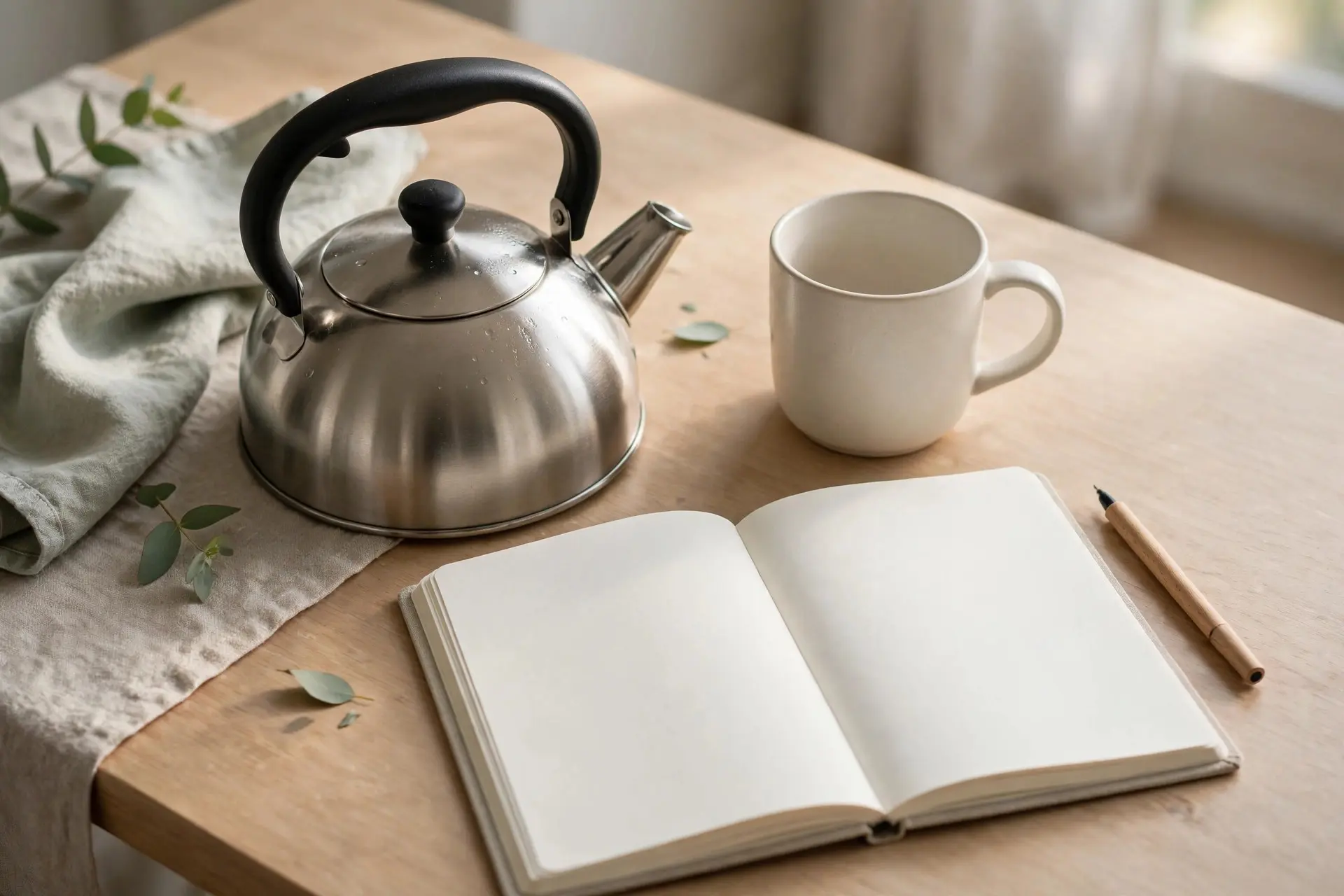 A calm morning routine scene with a kettle, a mug and an open journal on a kitchen table