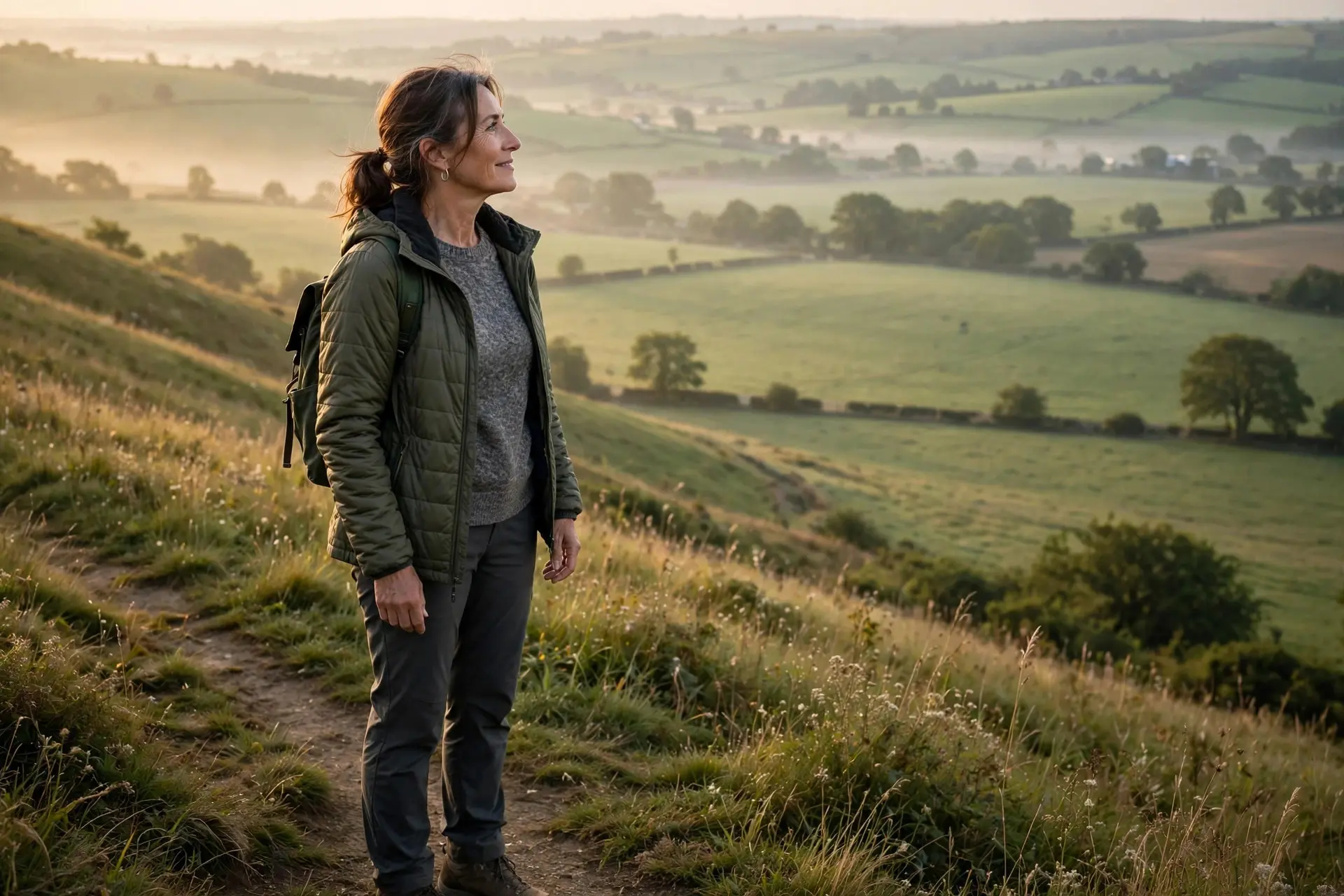 A woman standing at the top of a hill path looking out over a calm morning landscape