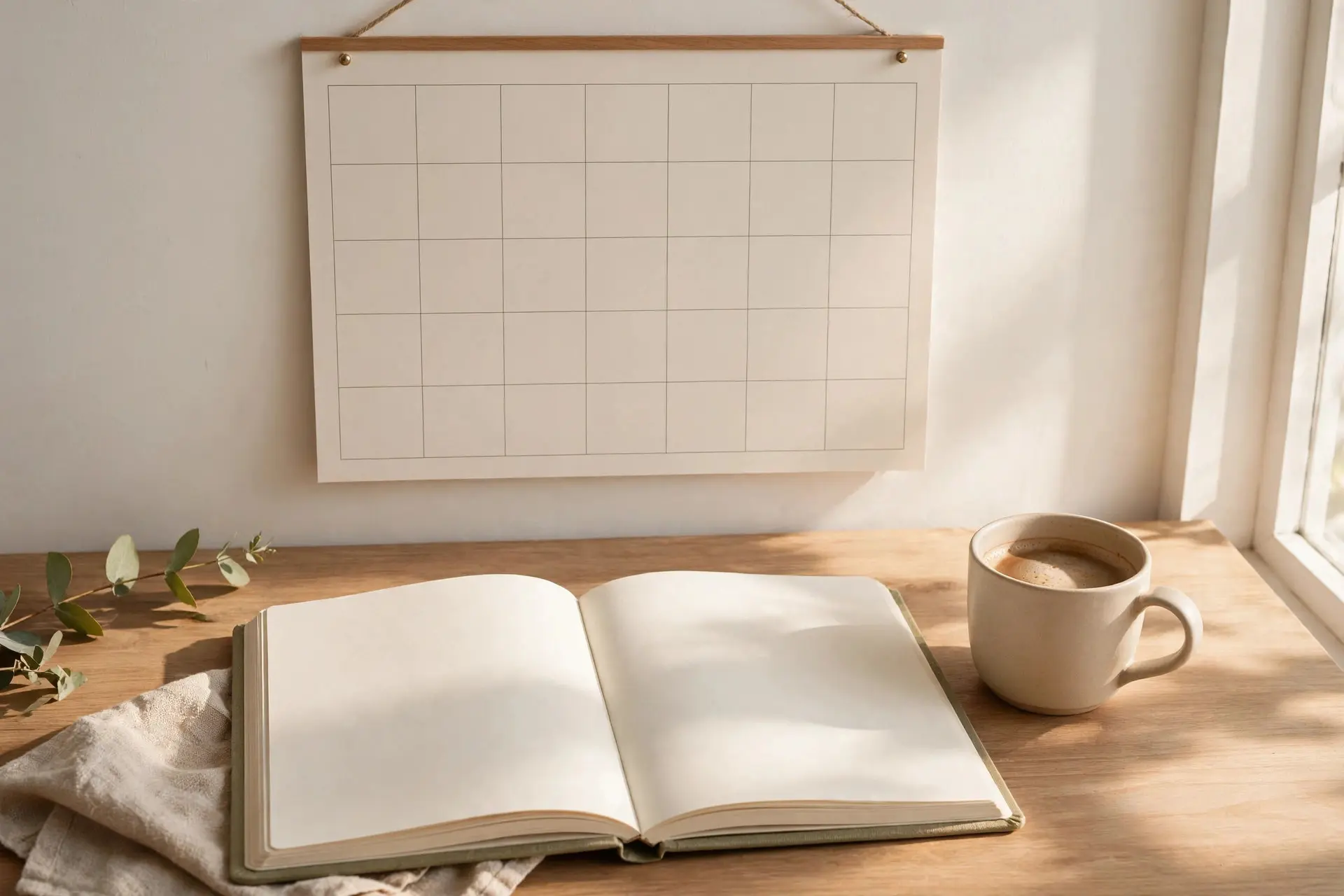 A wall calendar and an open journal on a desk with a cup of coffee and hopeful morning light