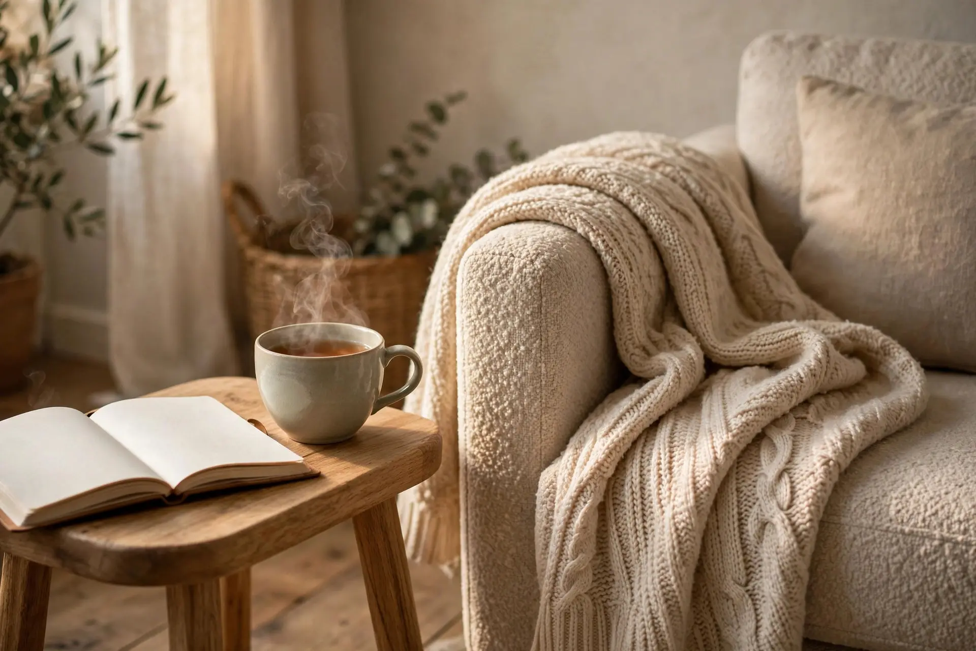 A steaming cup of tea beside a soft folded blanket and an open journal on a cozy armchair