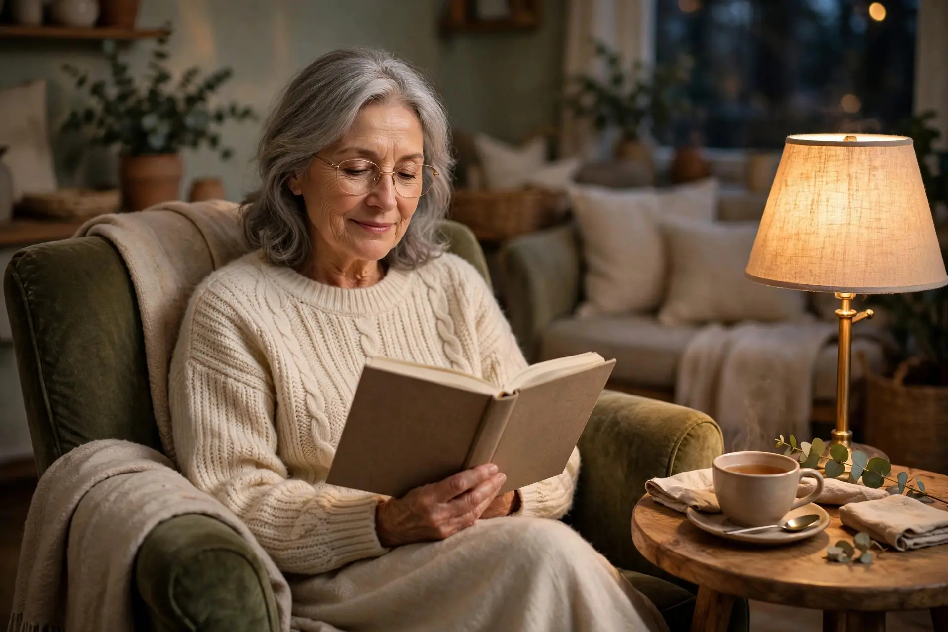 A woman enjoying quiet time alone in a cozy chair with a book and warm lamplight