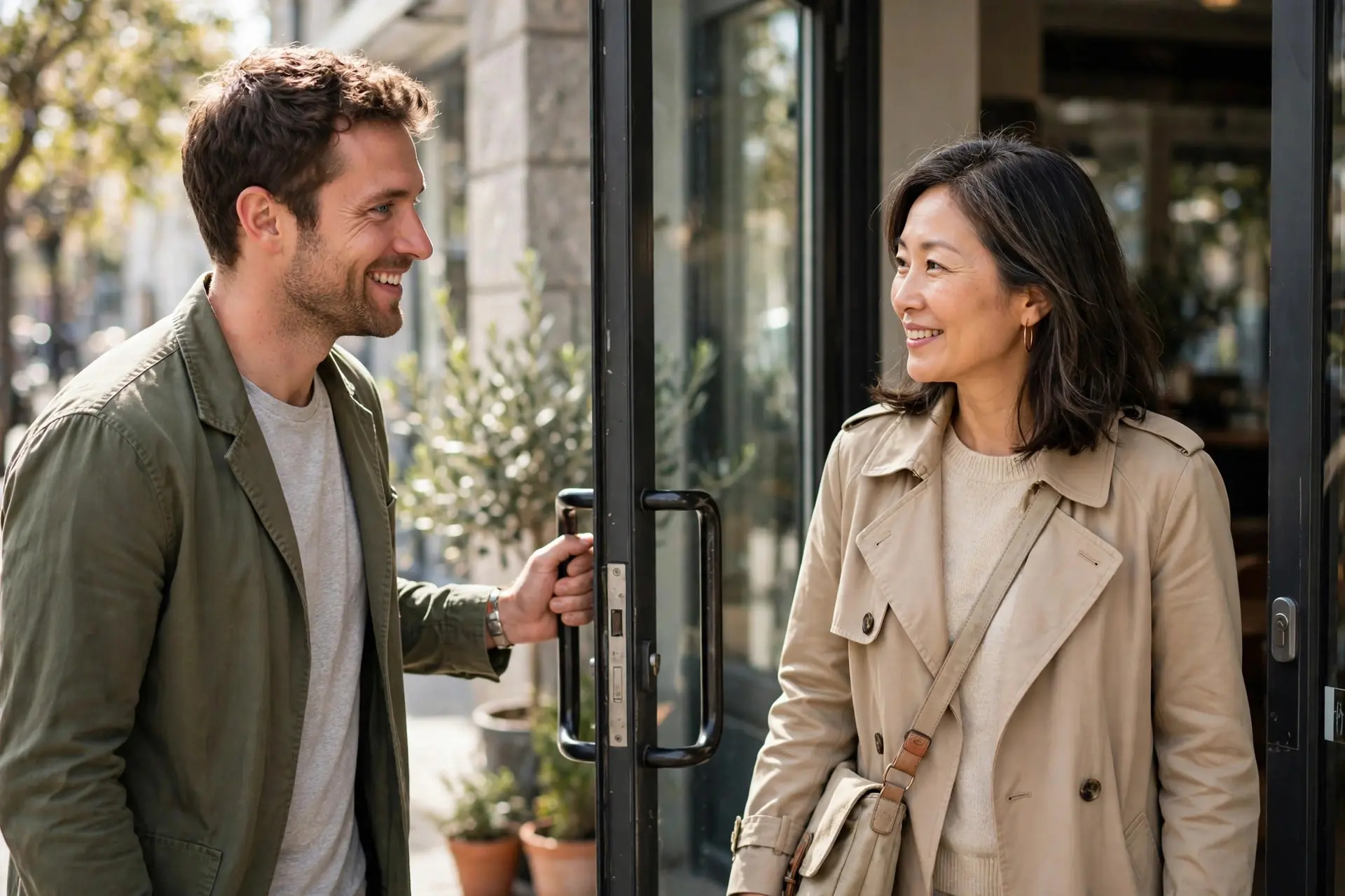 A stranger holding a coffee shop door open with a warm smile for a woman entering