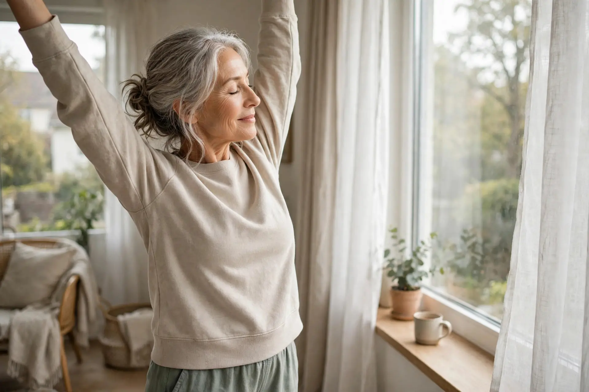 A mature woman stretching gently by a bright window in soft morning light at home