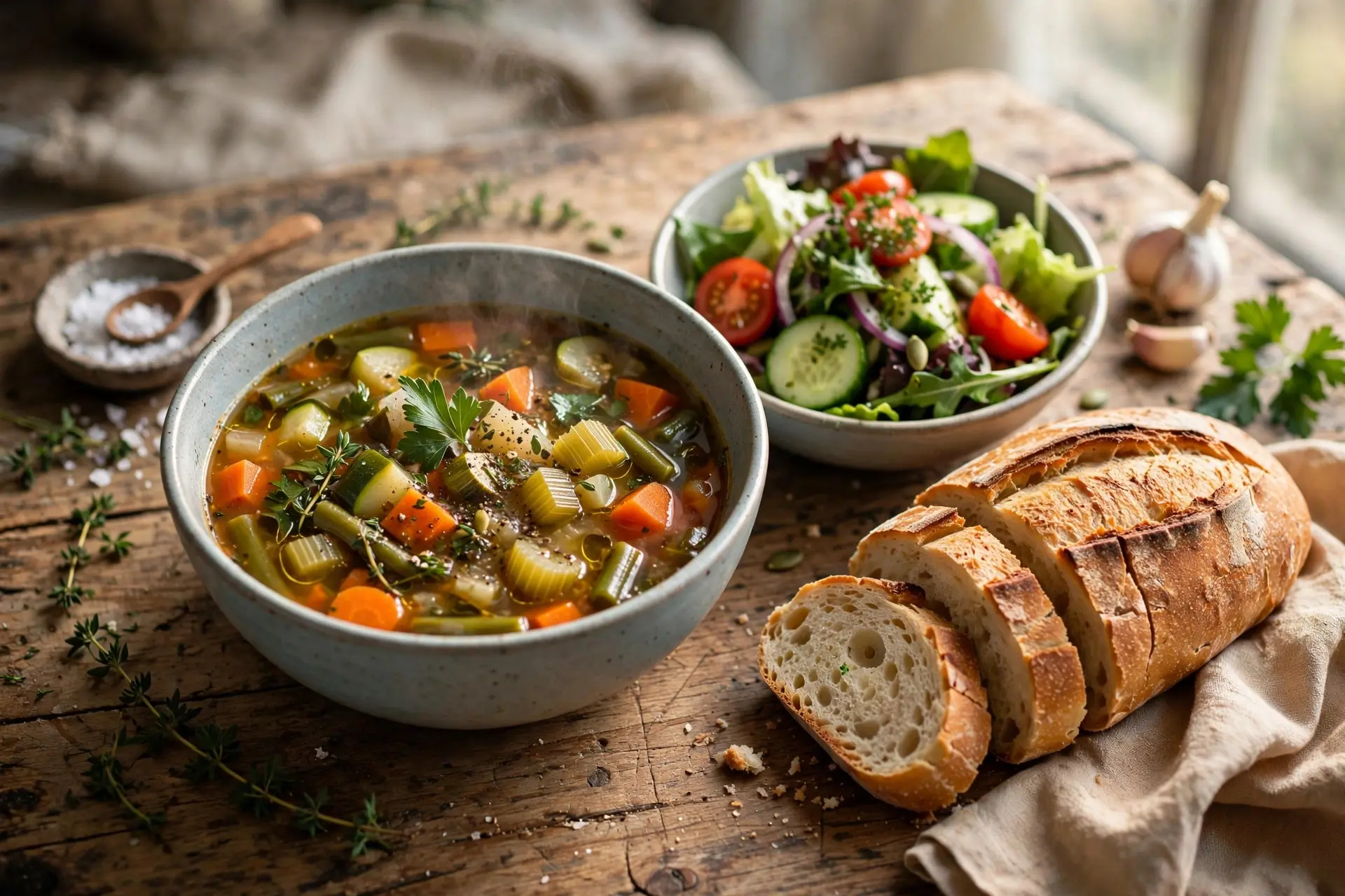 A nourishing home-cooked meal of soup, bread and vegetables on a rustic wooden table