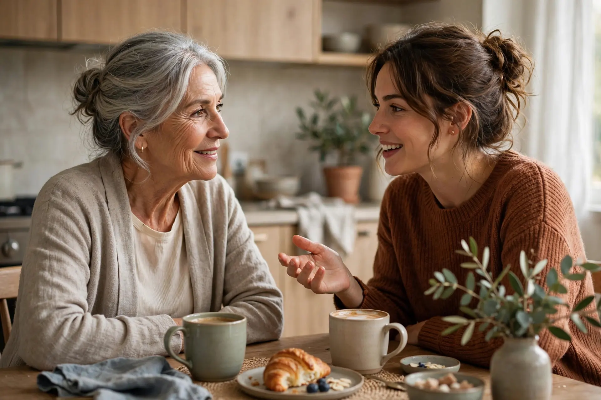 Two women talking warmly over coffee, one listening with encouragement at a kitchen table