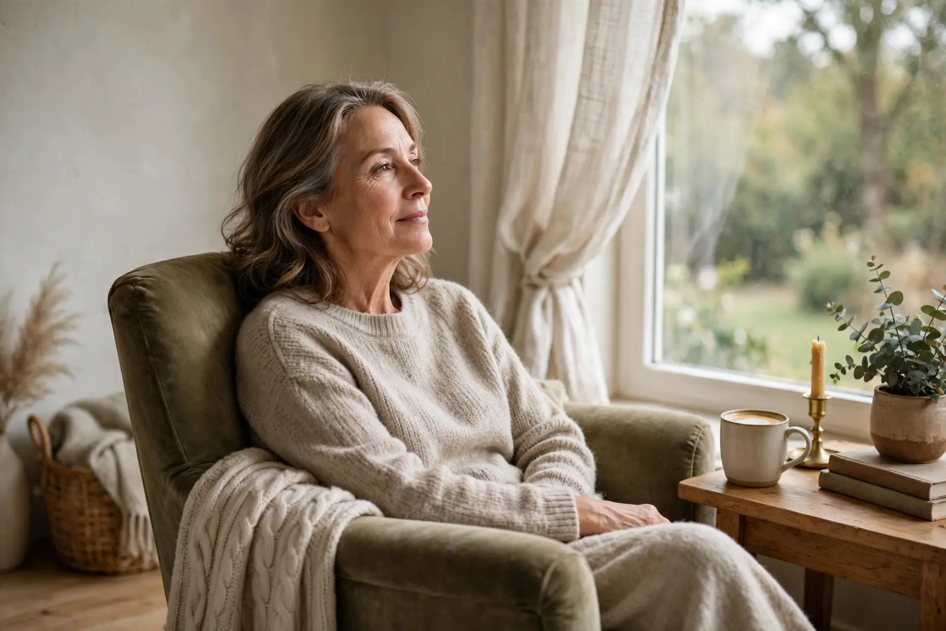 A woman daydreaming in a comfortable chair beside a window with soft daylight and no phone nearby