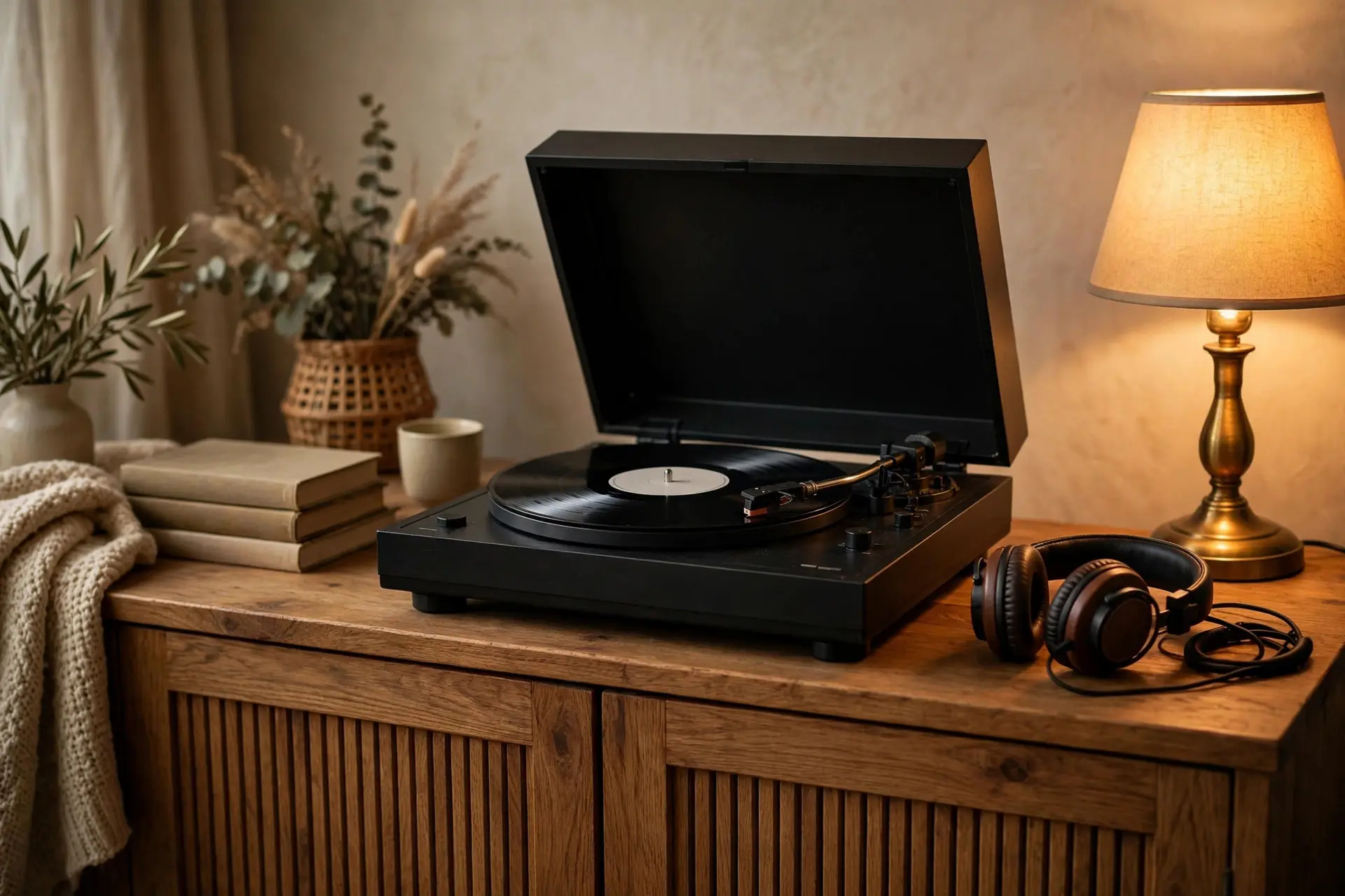 A vinyl record player with headphones resting beside it in warm lamplight