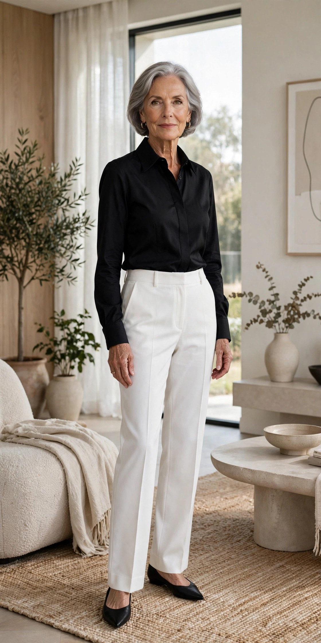 Woman in her 70s wearing a black tailored top and white trousers, Grace Hanson style