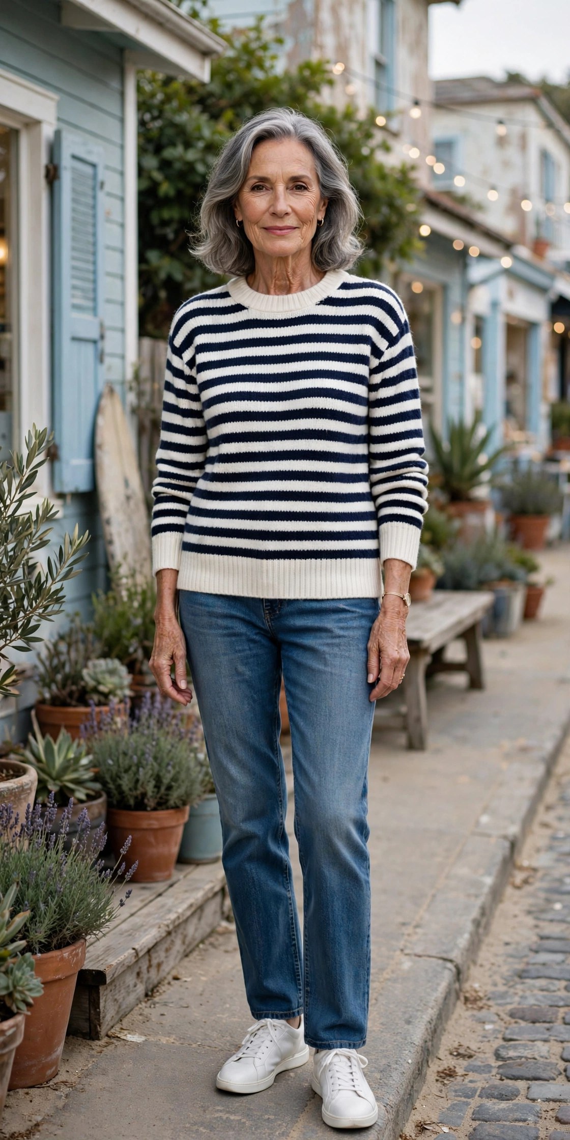 Woman in her 70s wearing a striped wool sweater and jeans, Grace Hanson style