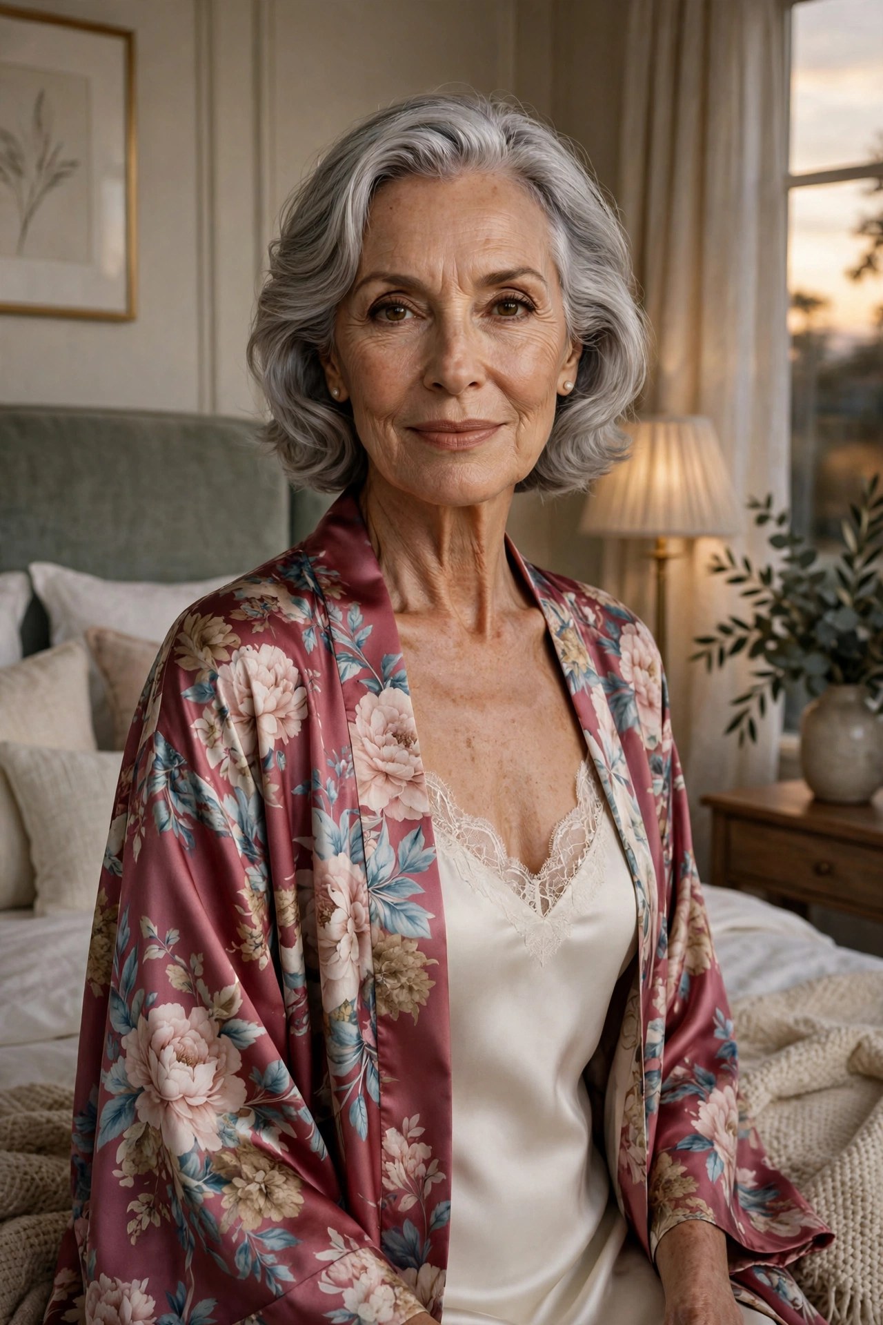 Woman in her 70s wearing a floral silk robe over an ivory slip dress, Grace Hanson style