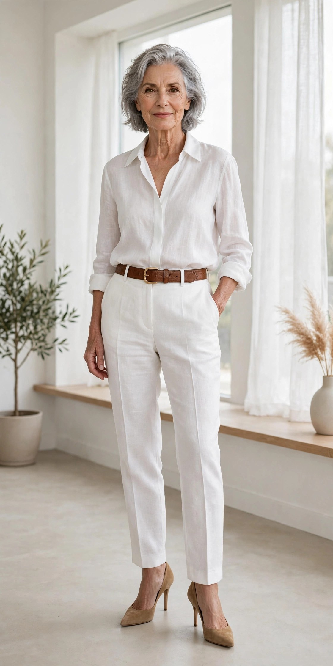 Woman in her 70s wearing an all-white outfit with a brown leather belt, Grace Hanson style