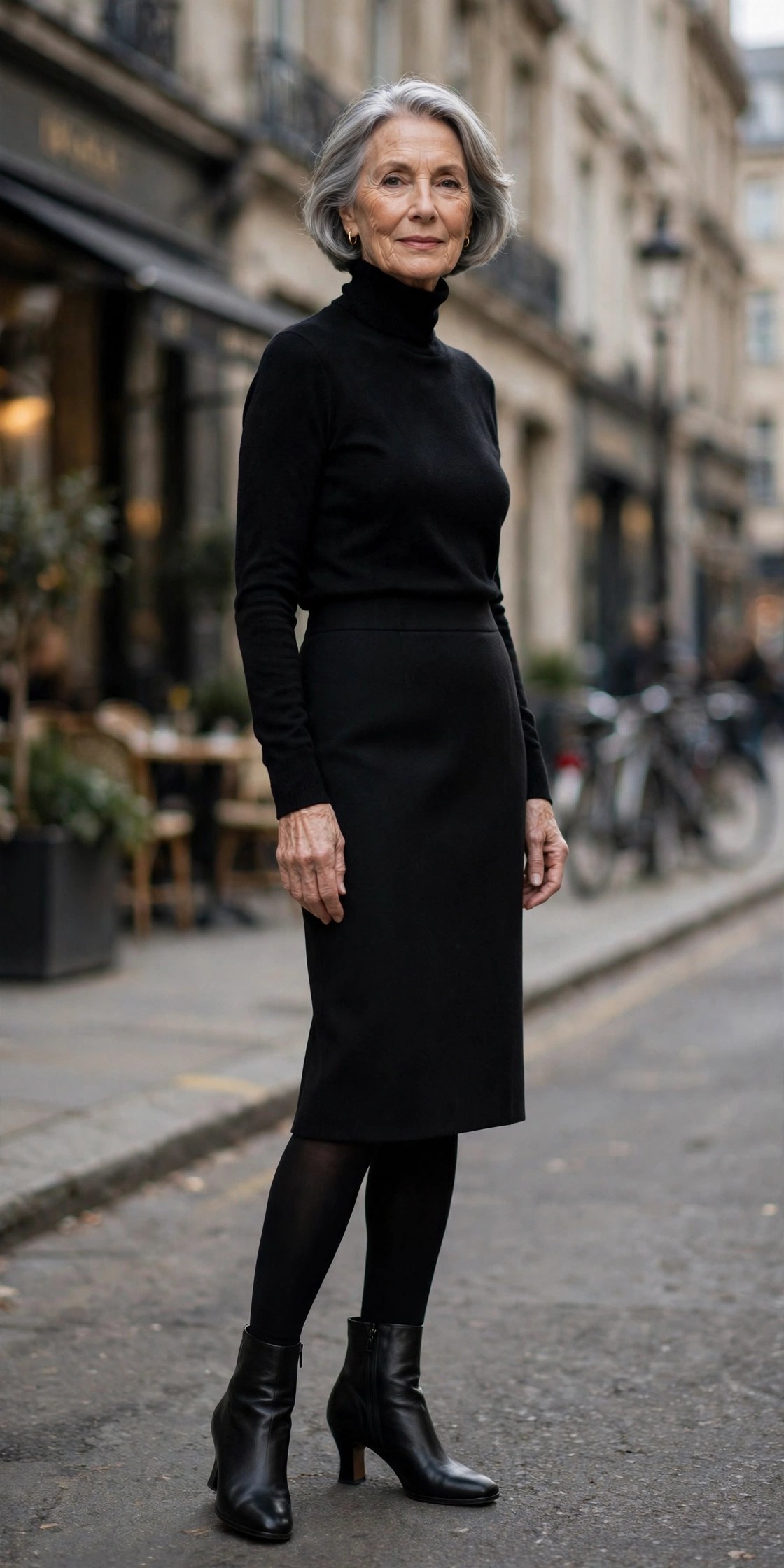 Woman in her 70s wearing a black turtleneck and a black pencil skirt, Grace Hanson style