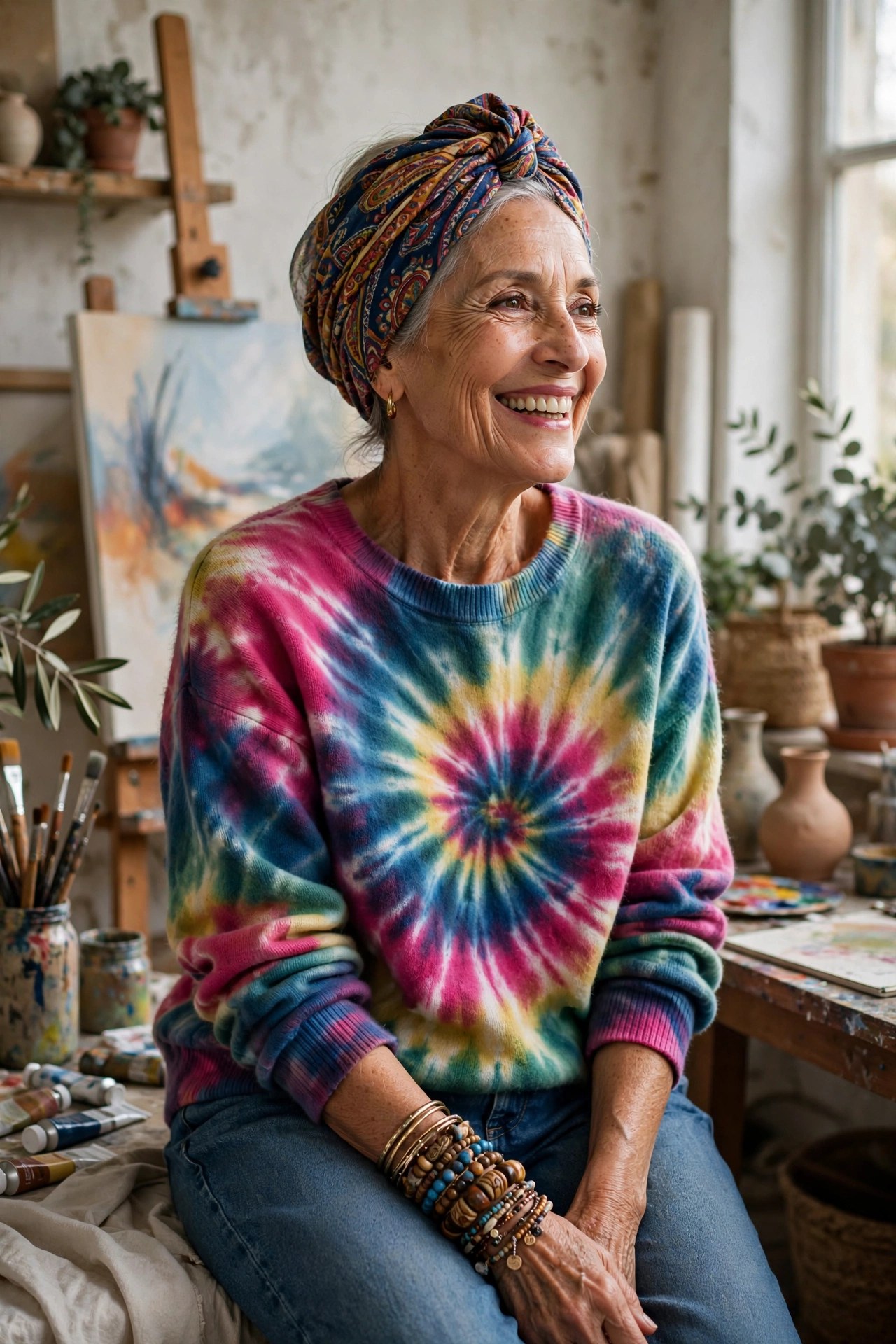 Woman in her 70s wearing a colorful tie-dye sweater and a headscarf turban, Frankie Bergstein style