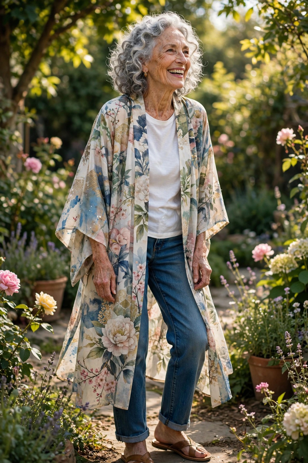 Woman in her 70s wearing a flowing printed kimono over jeans and a tee, Frankie Bergstein style