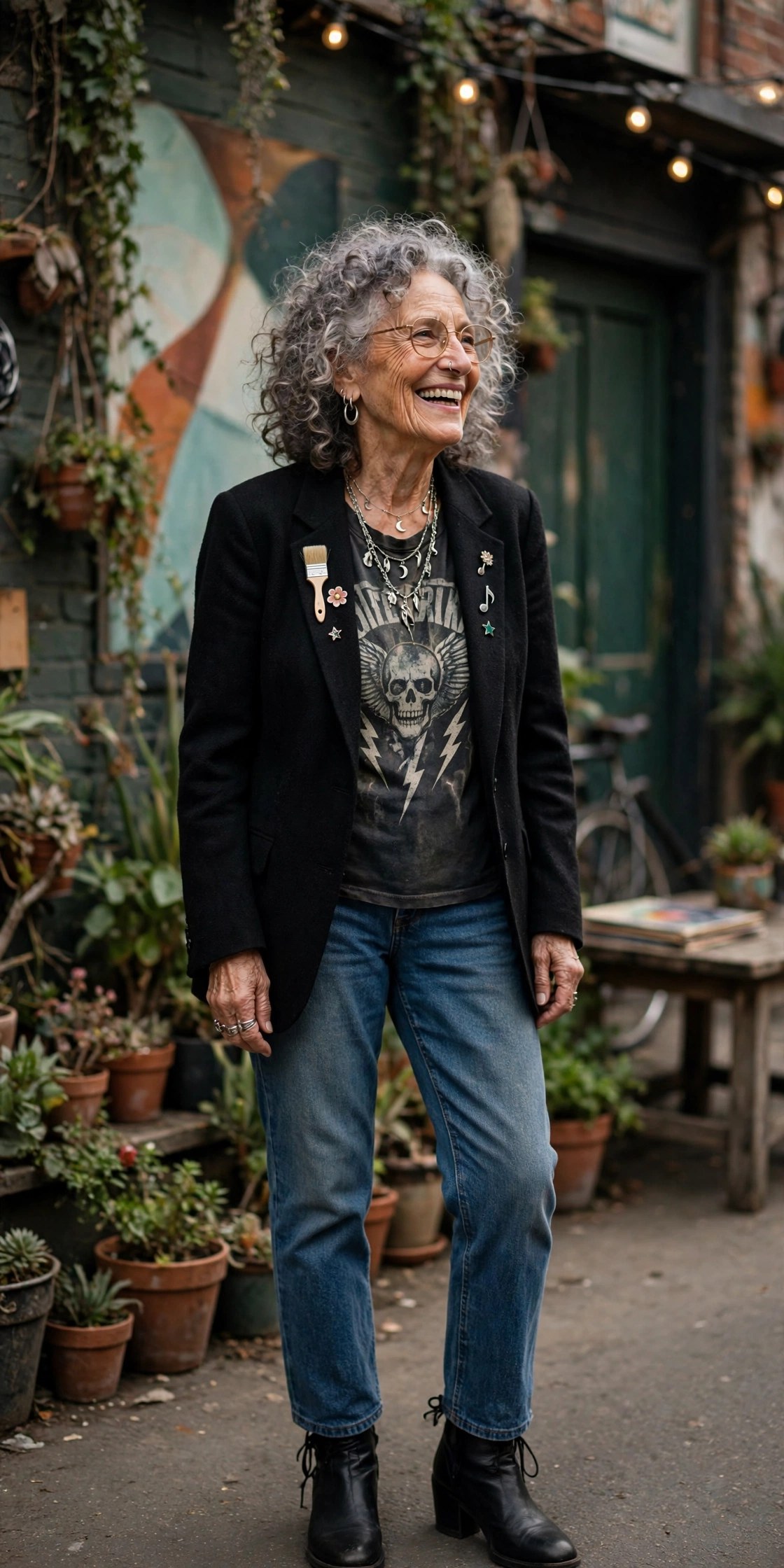 Woman in her 70s wearing a vintage band t-shirt with a blazer and jeans, Frankie Bergstein style