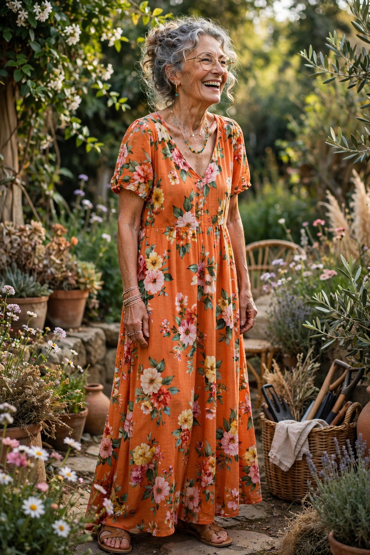 Woman in her 70s wearing an orange floral maxi dress, Frankie Bergstein style
